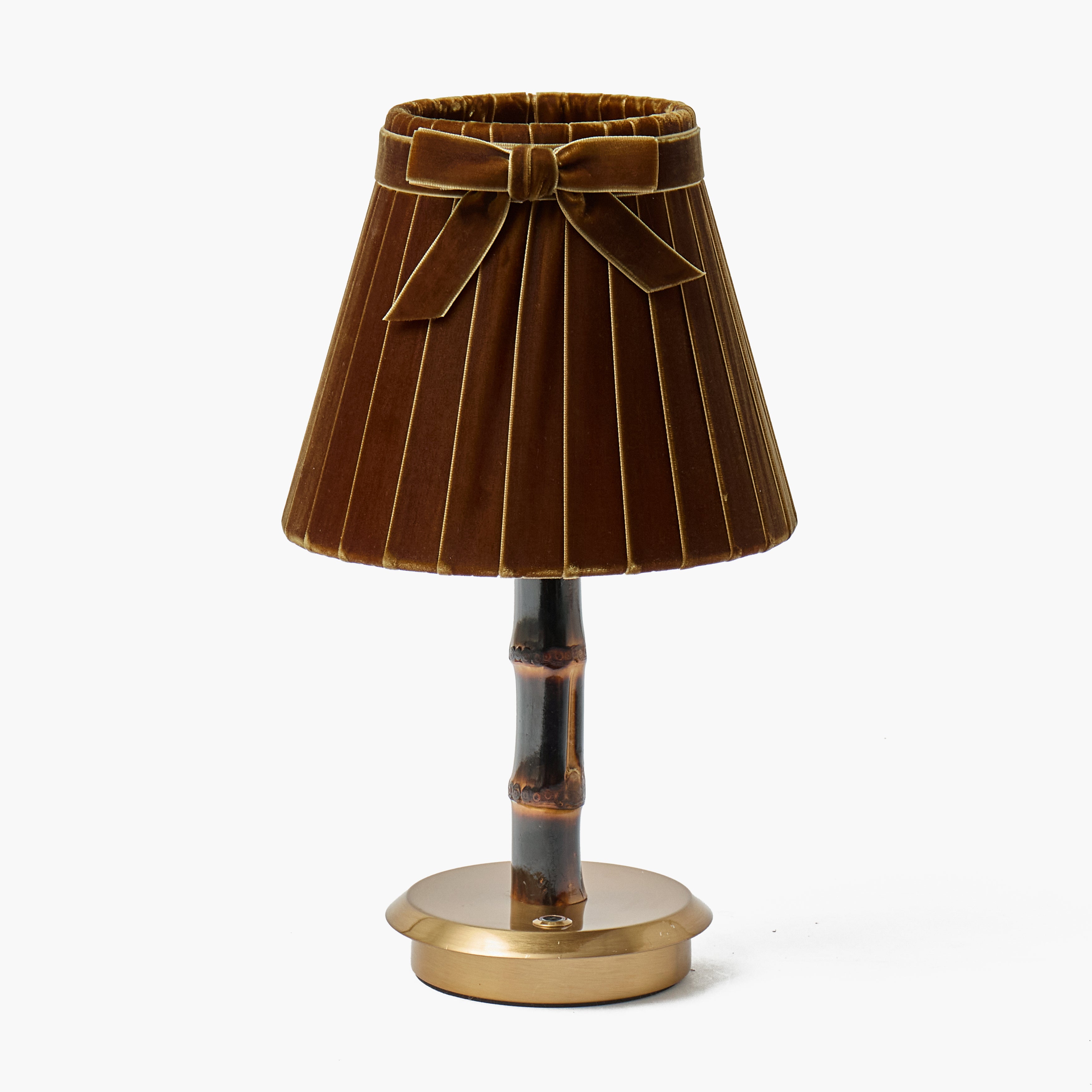 Burnt Bamboo Short Rechargeable Lamp with Chocolate Velvet Shade (18cm)