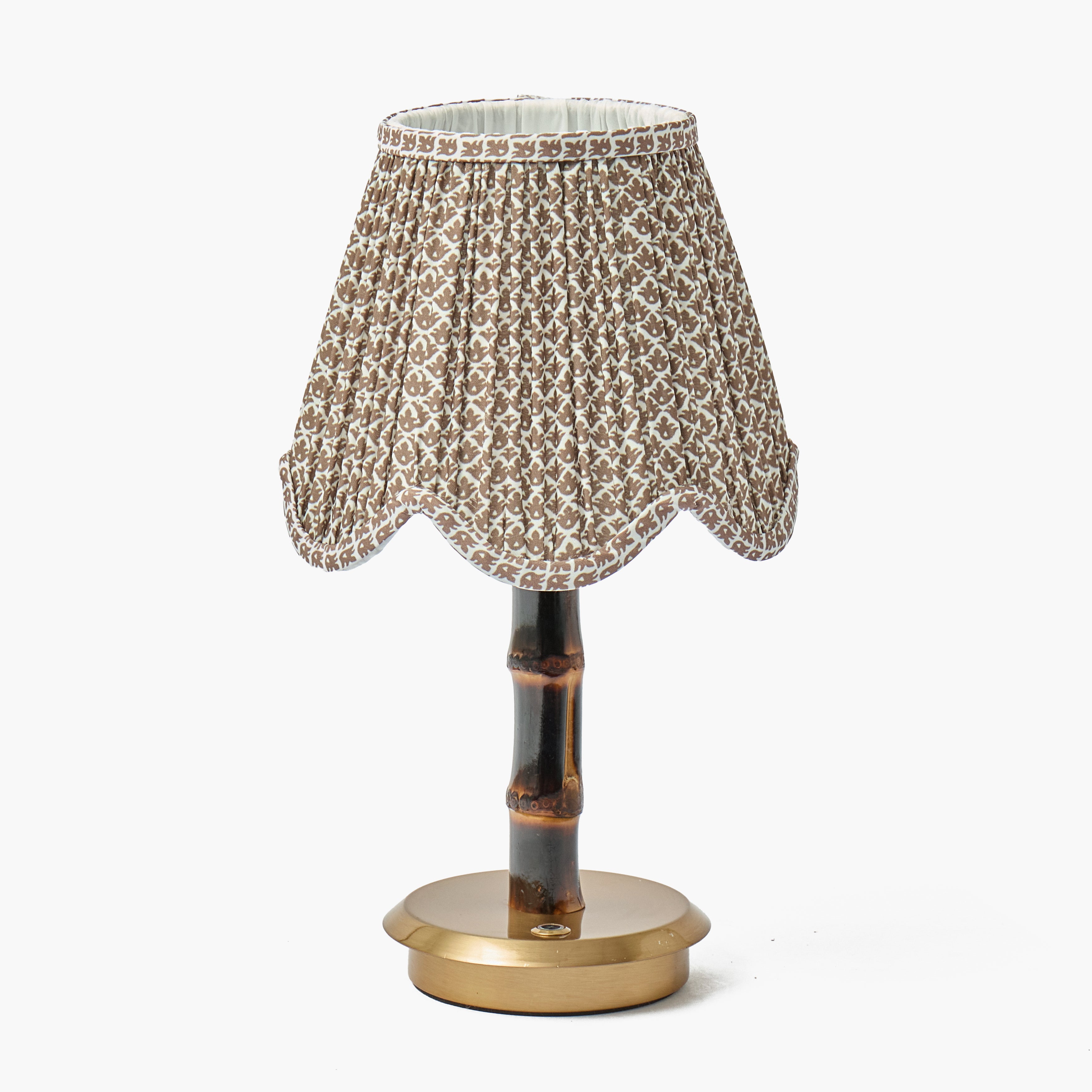 Burnt Bamboo Short Rechargeable Lamp with Chocolate Lotus Deep Scalloped Shade (18cm)