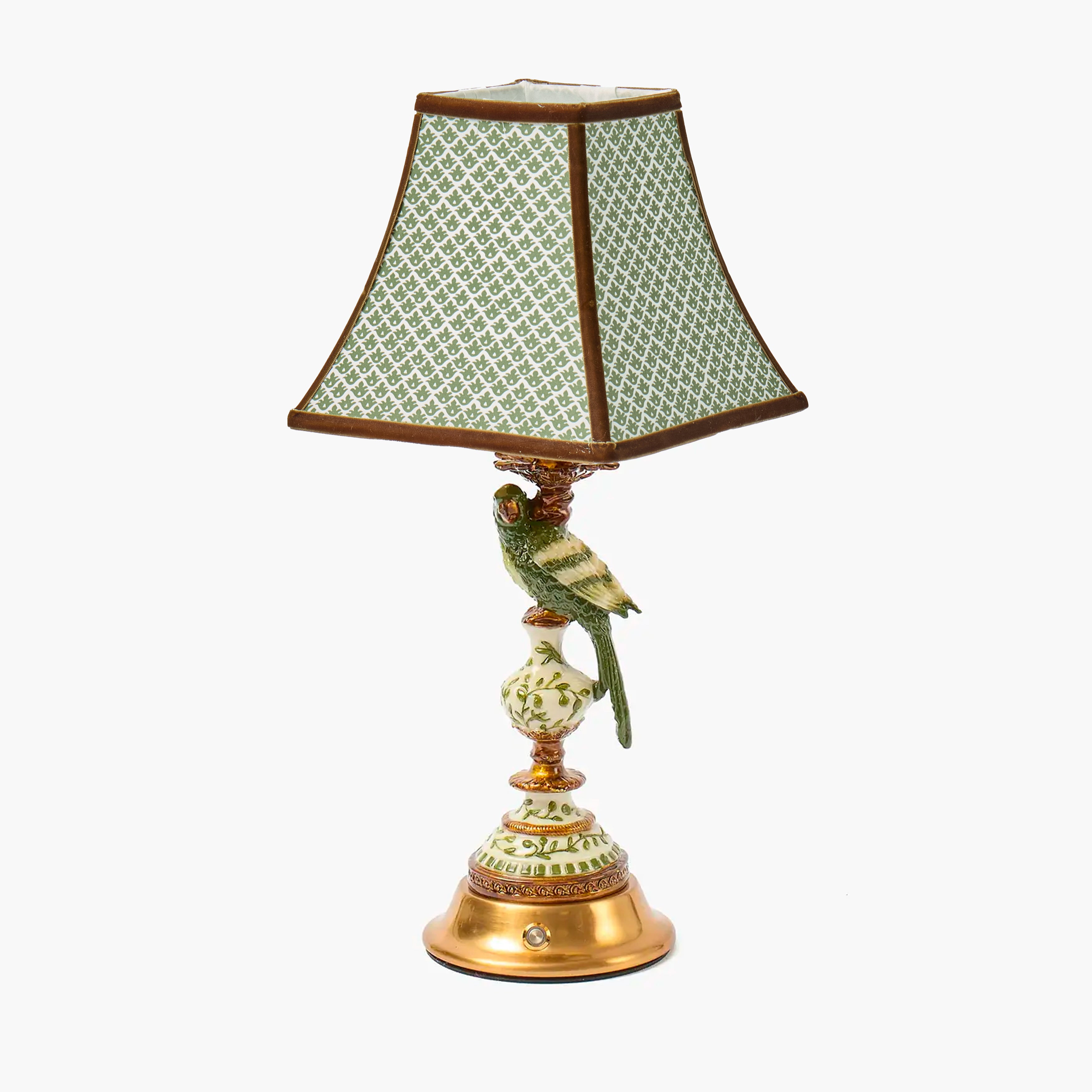 Olive Parrot Rechargeable Lamp with Olive & Chocolate Lotus Square Shade (18cm)