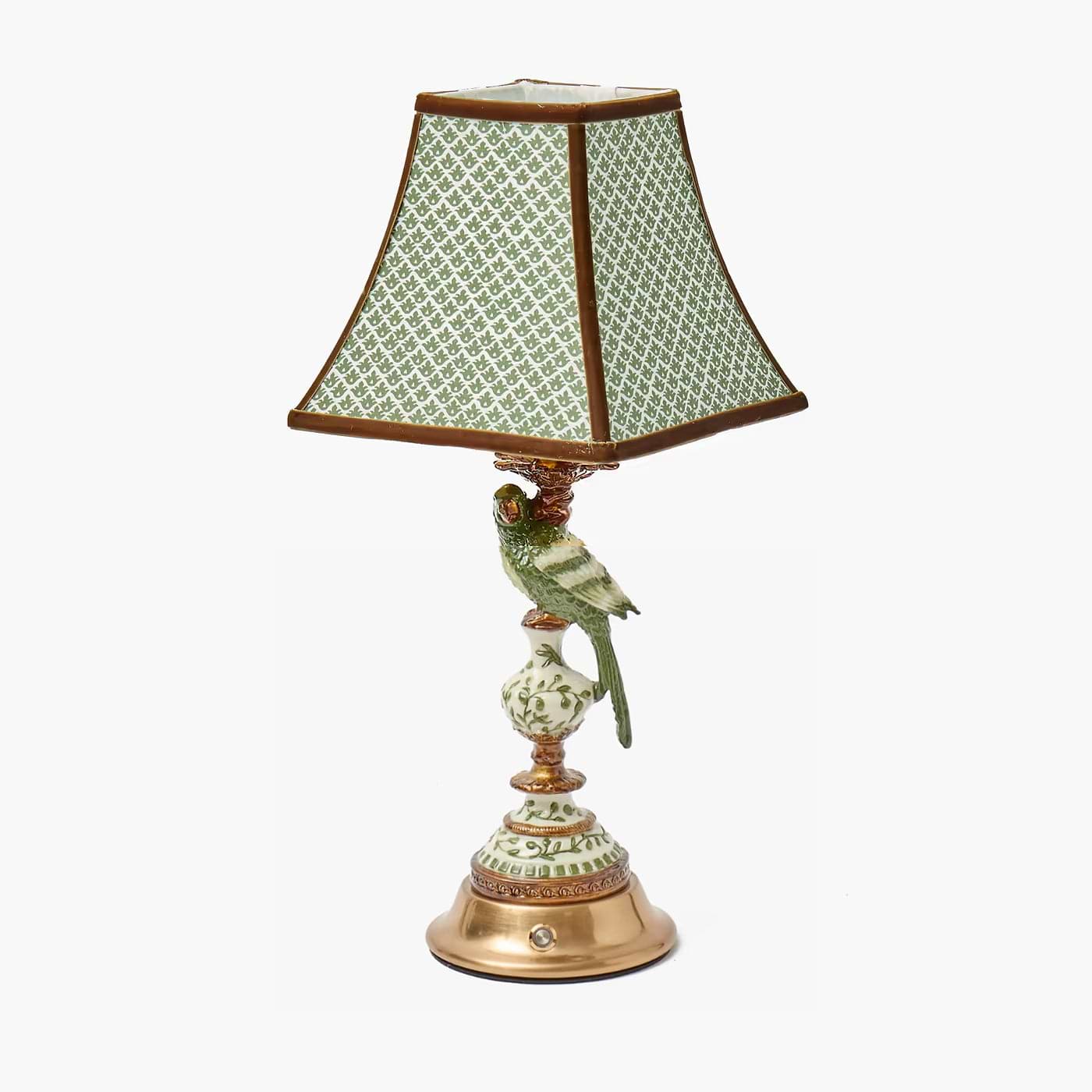 Olive Parrot Rechargeable Lamp with Olive & Chocolate Lotus Square Shade (18cm)