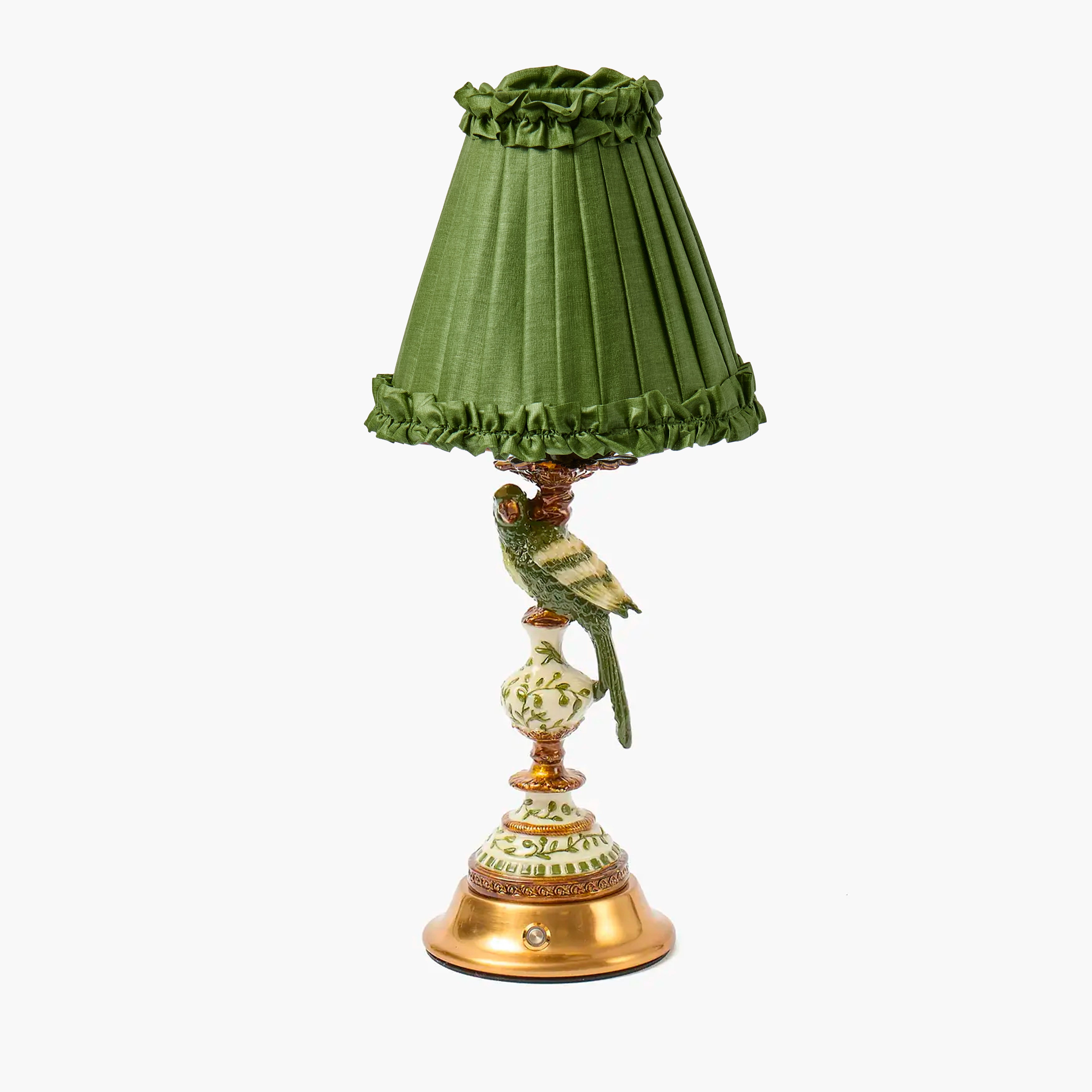 Olive Parrot Rechargeable Lamp with Olive Frilled Silk Shade (18cm)