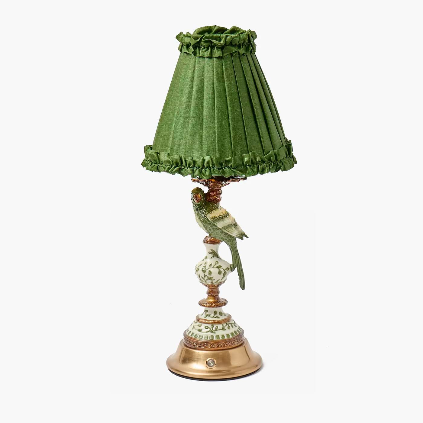 Olive Parrot Rechargeable Lamp with Olive Frilled Silk Shade (18cm)