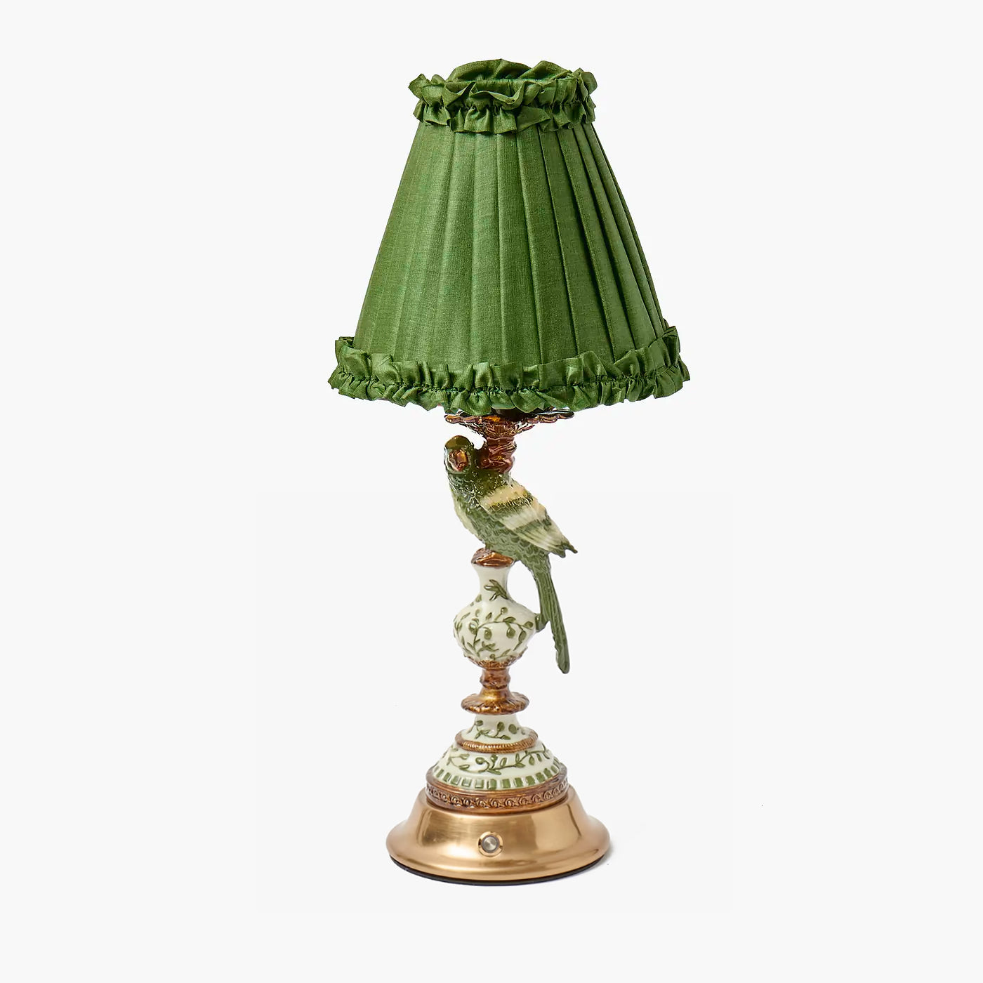 Olive Parrot Rechargeable Lamp with Olive Frilled Silk Shade (18cm)