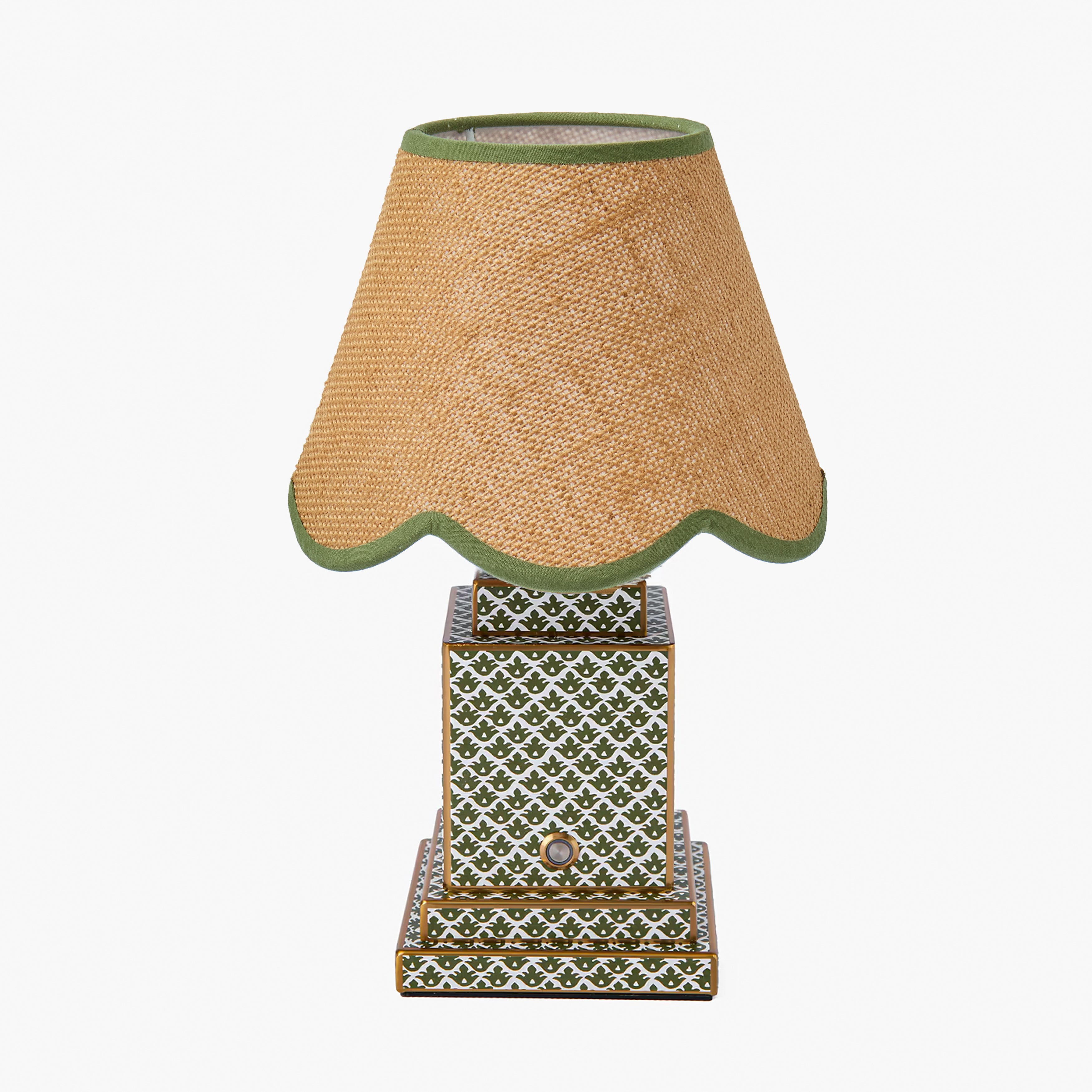 Olive Lotus Square Rechargeable Lamp with Tan & Olive Grasscloth Shade (18cm)