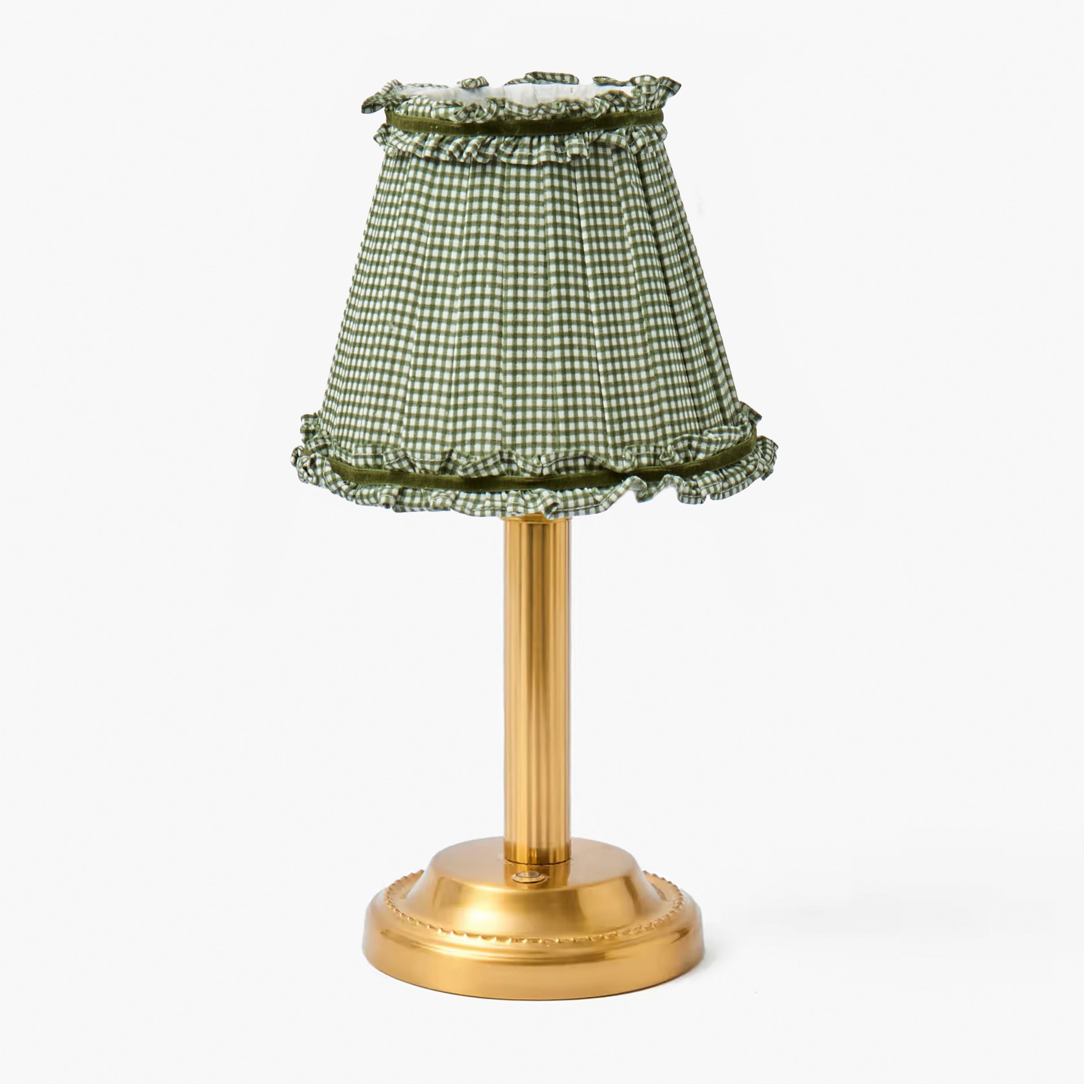 Corinthian Rechargeable Lamp with Green Gingham Frilled Shade (18cm)