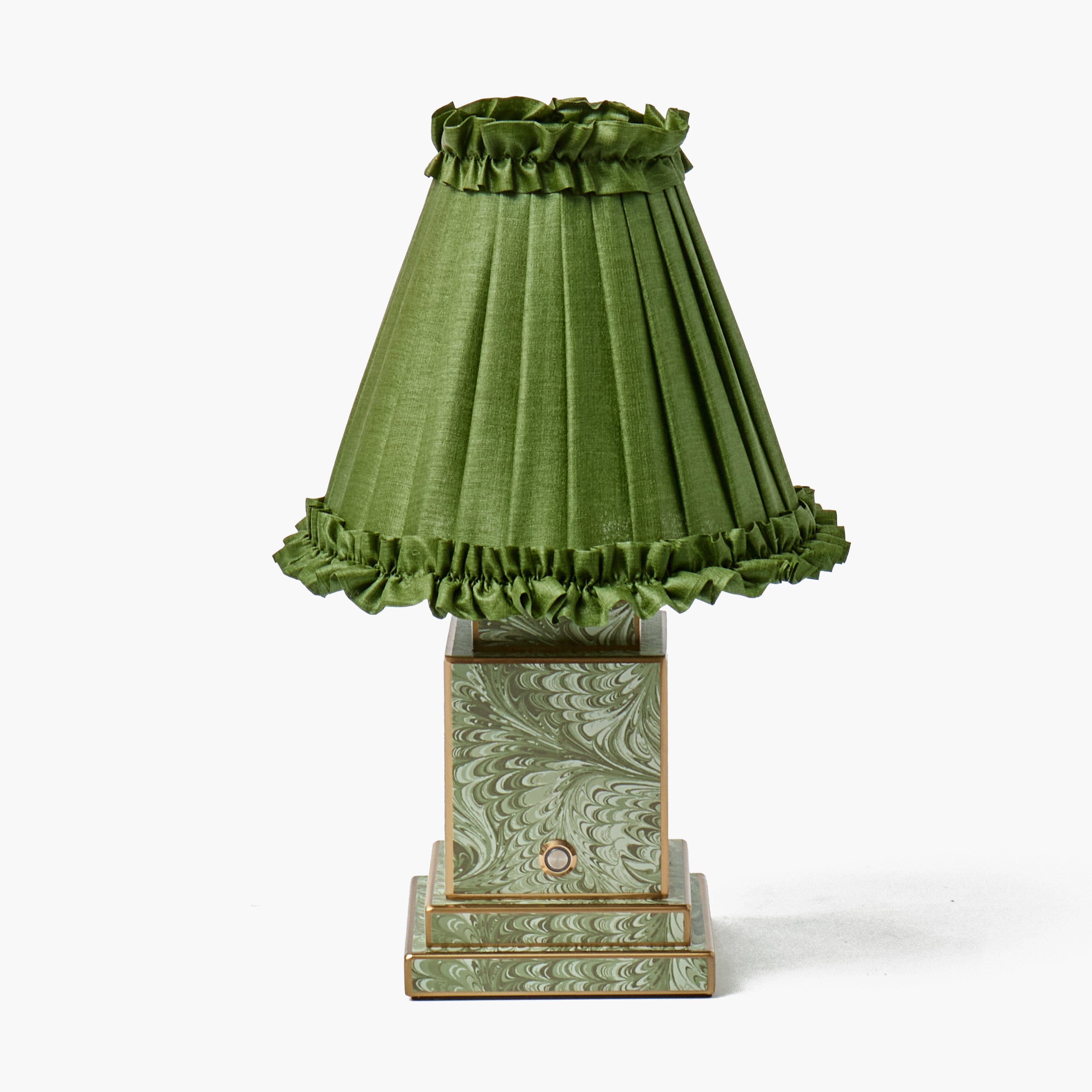 Olive Marble Square Rechargeable Lamp with Olive Green Frilled Silk Shade (18cm)