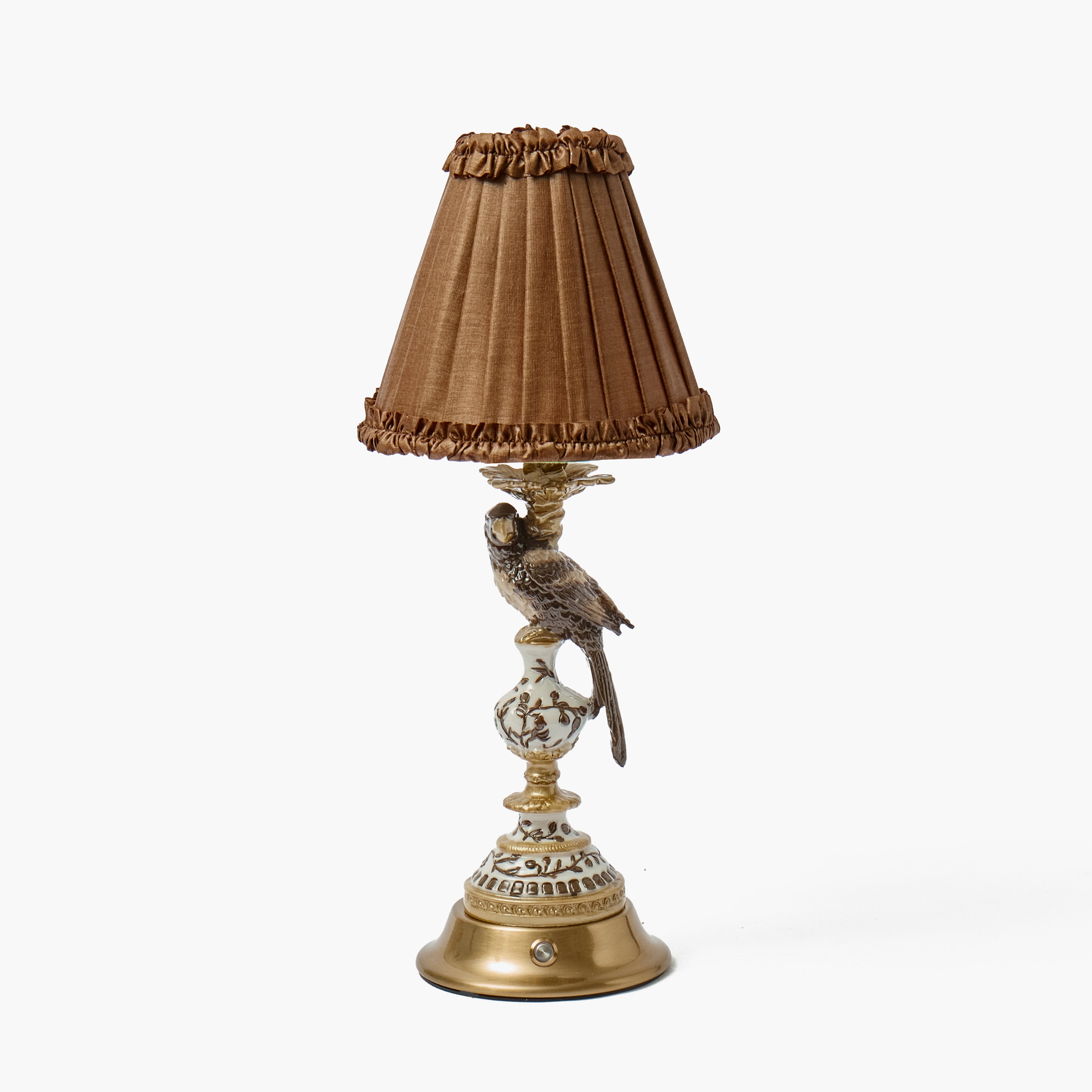 Chocolate Parrot Rechargeable Lamp with Brown Frilled Silk Shade (18cm)