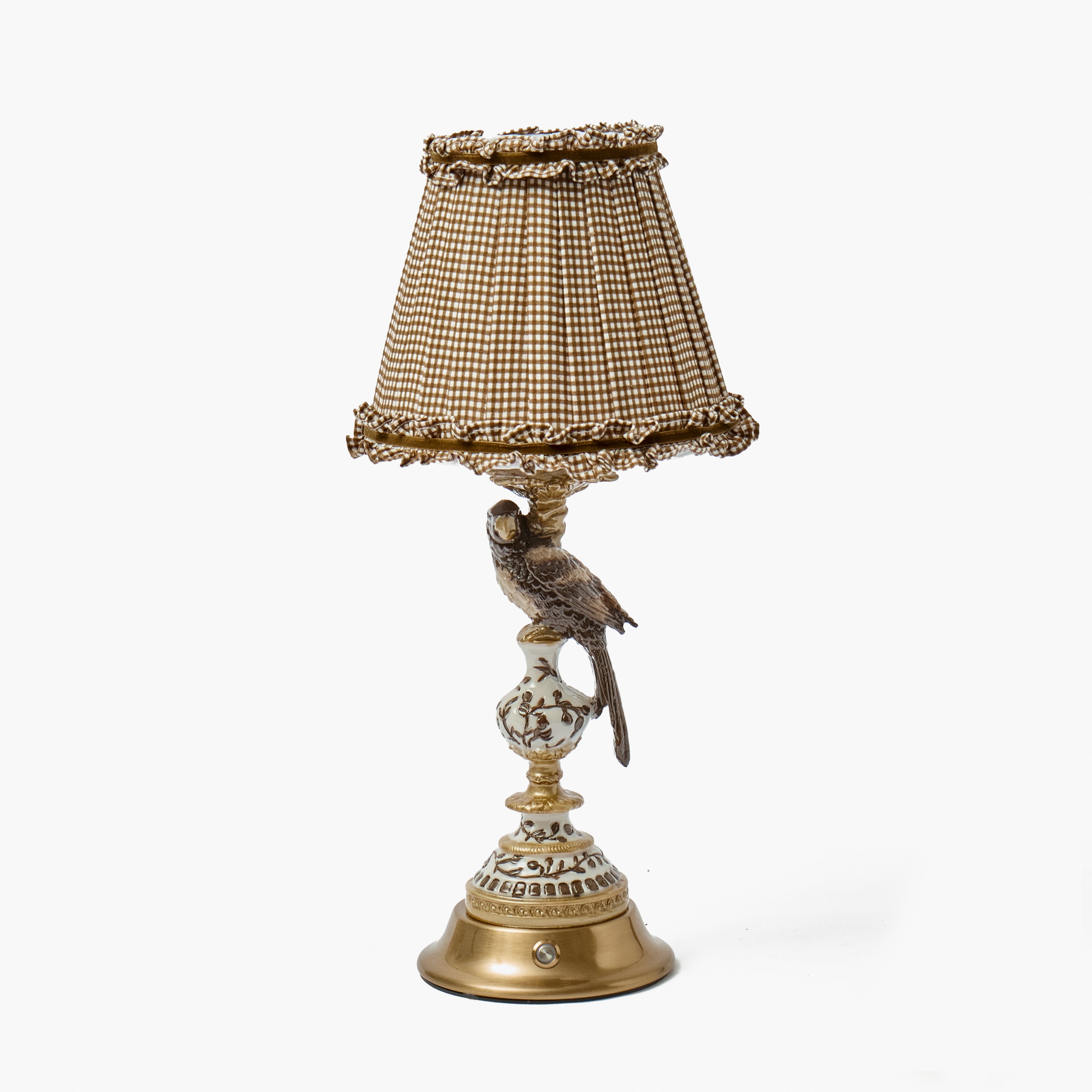Chocolate Parrot Rechargeable Lamp with Chocolate Gingham Frilled Shade (18cm)