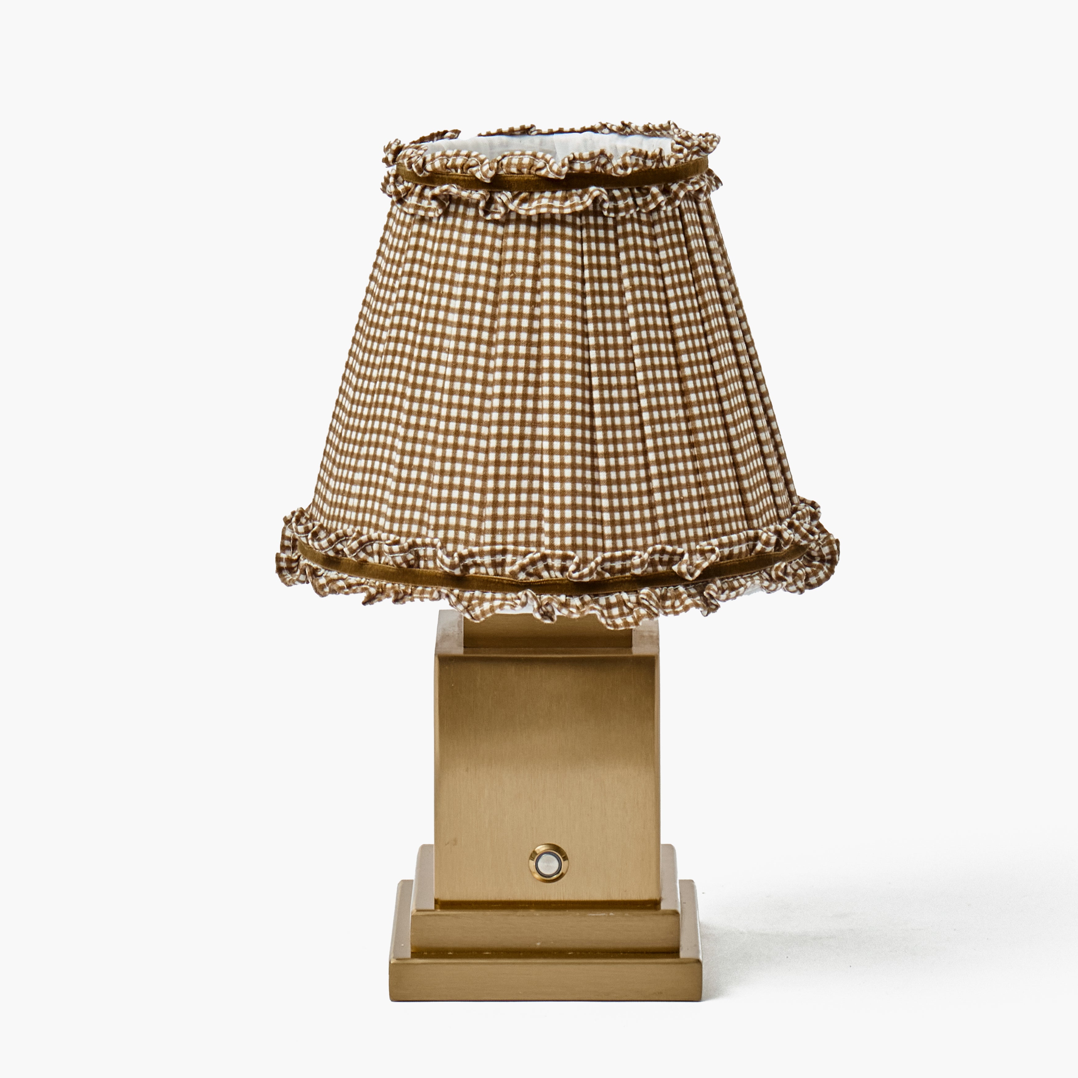 Square Rechargeable Lamp with Chocolate Gingham Frilled Shade (18cm)