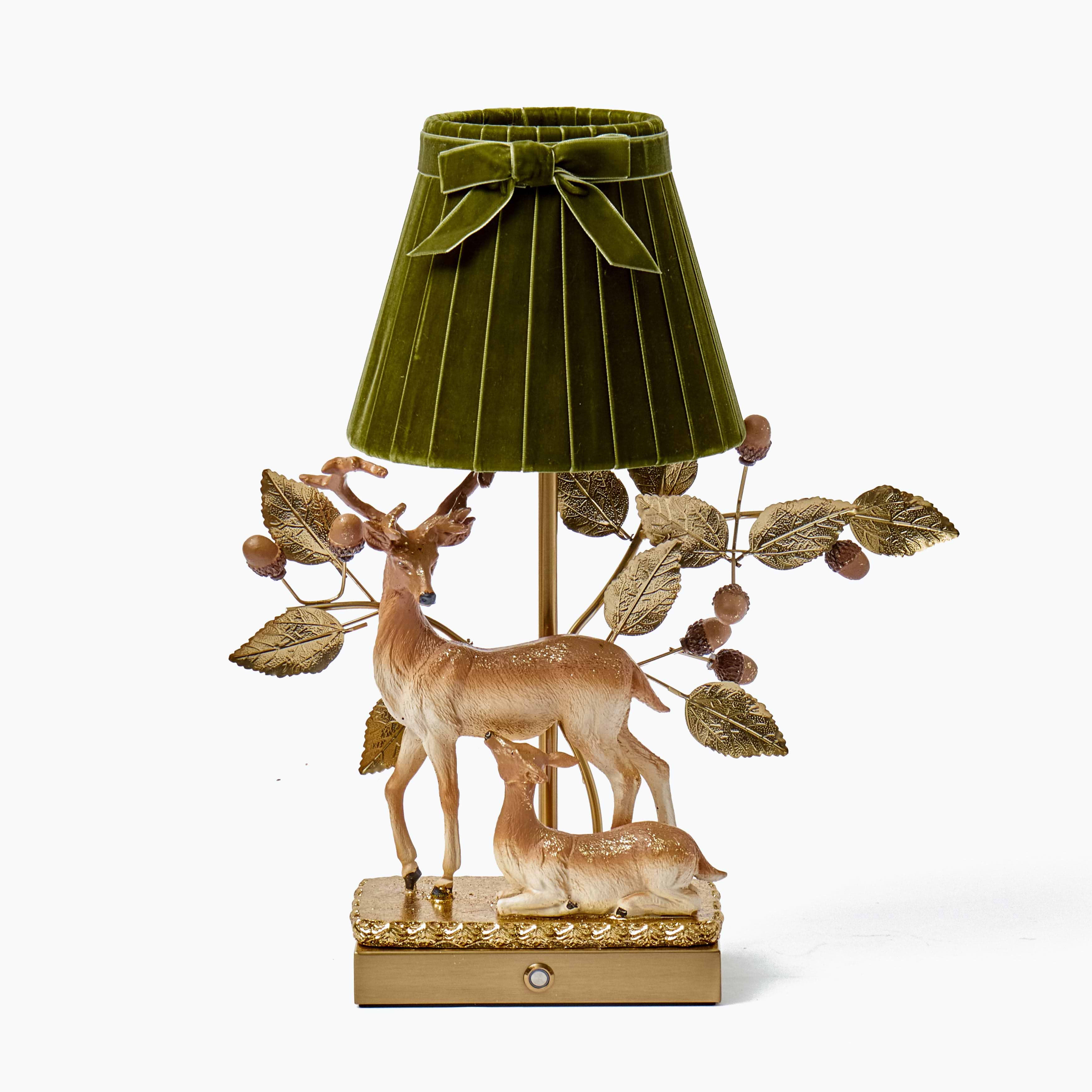 Stag Rechargeable Lamp with Olive Velvet Bow Shade (18cm)