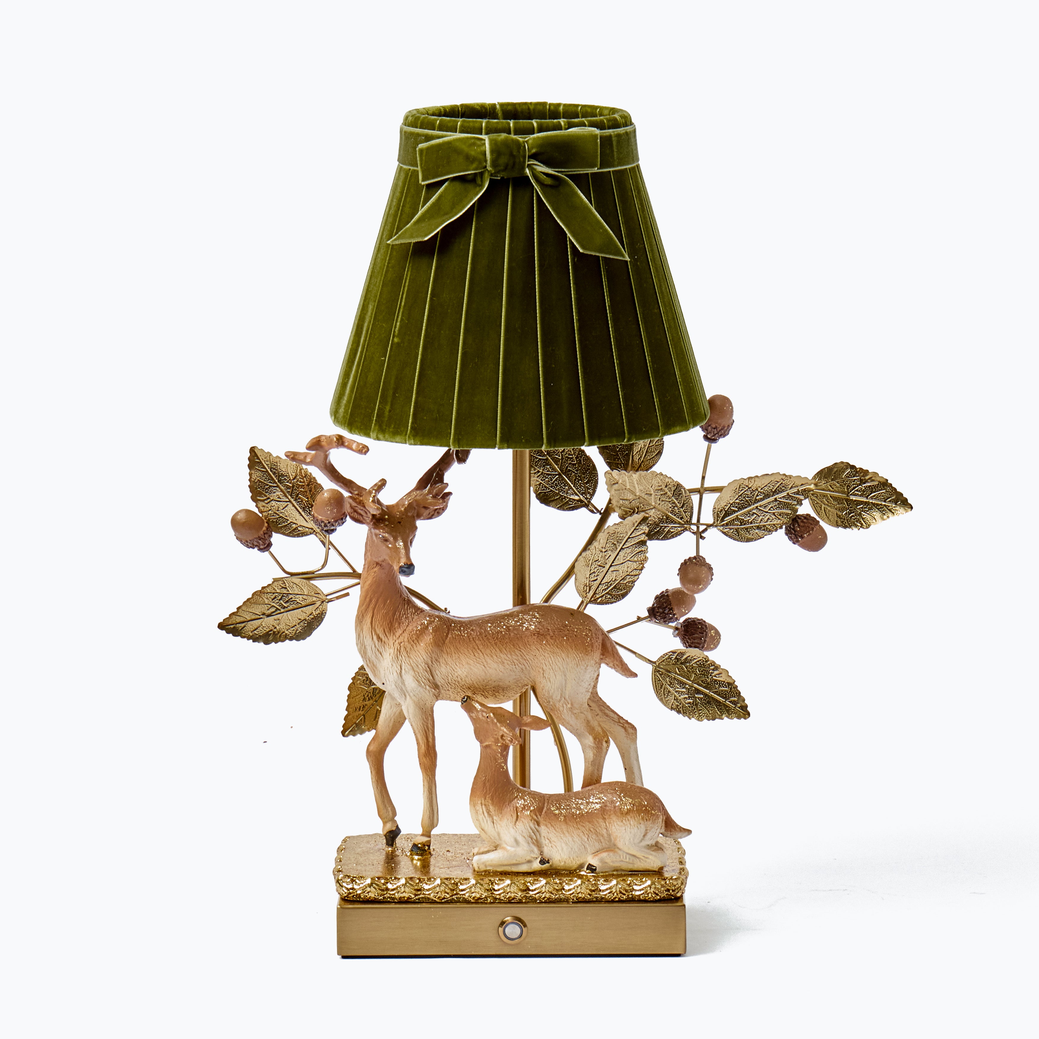 Stag Rechargeable Lamp with Olive Velvet Bow Shade (18cm)