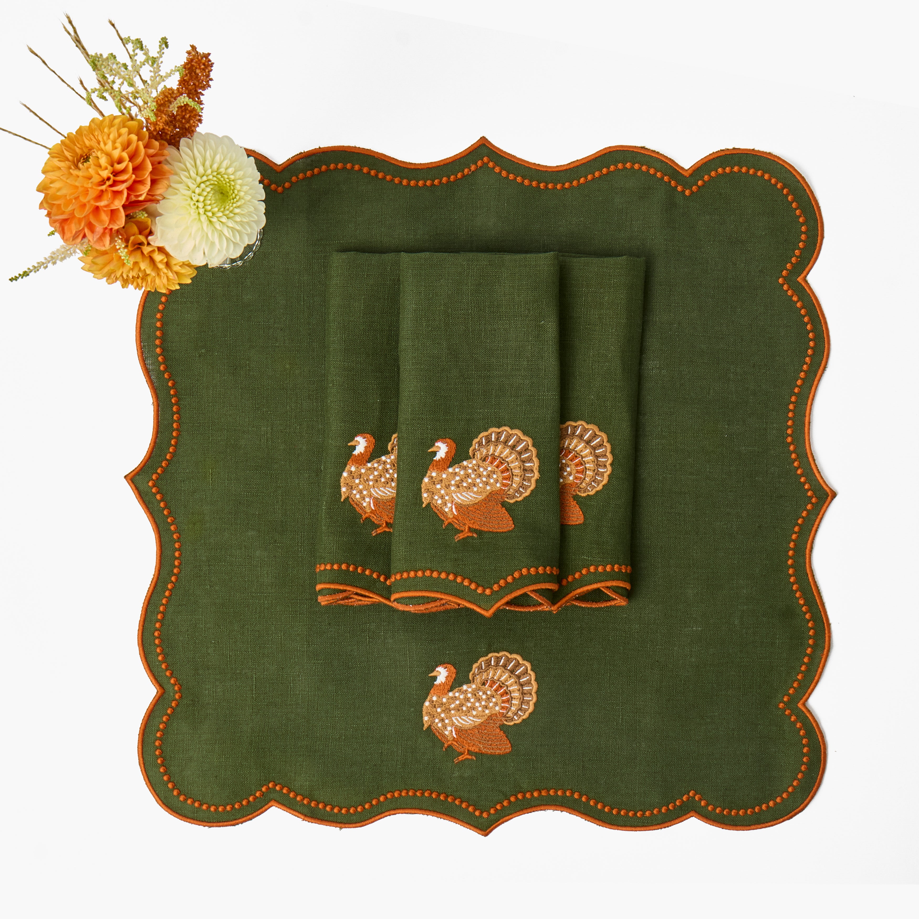 Green Eloise Turkey Embroidered Linen Napkins (Set of 4)