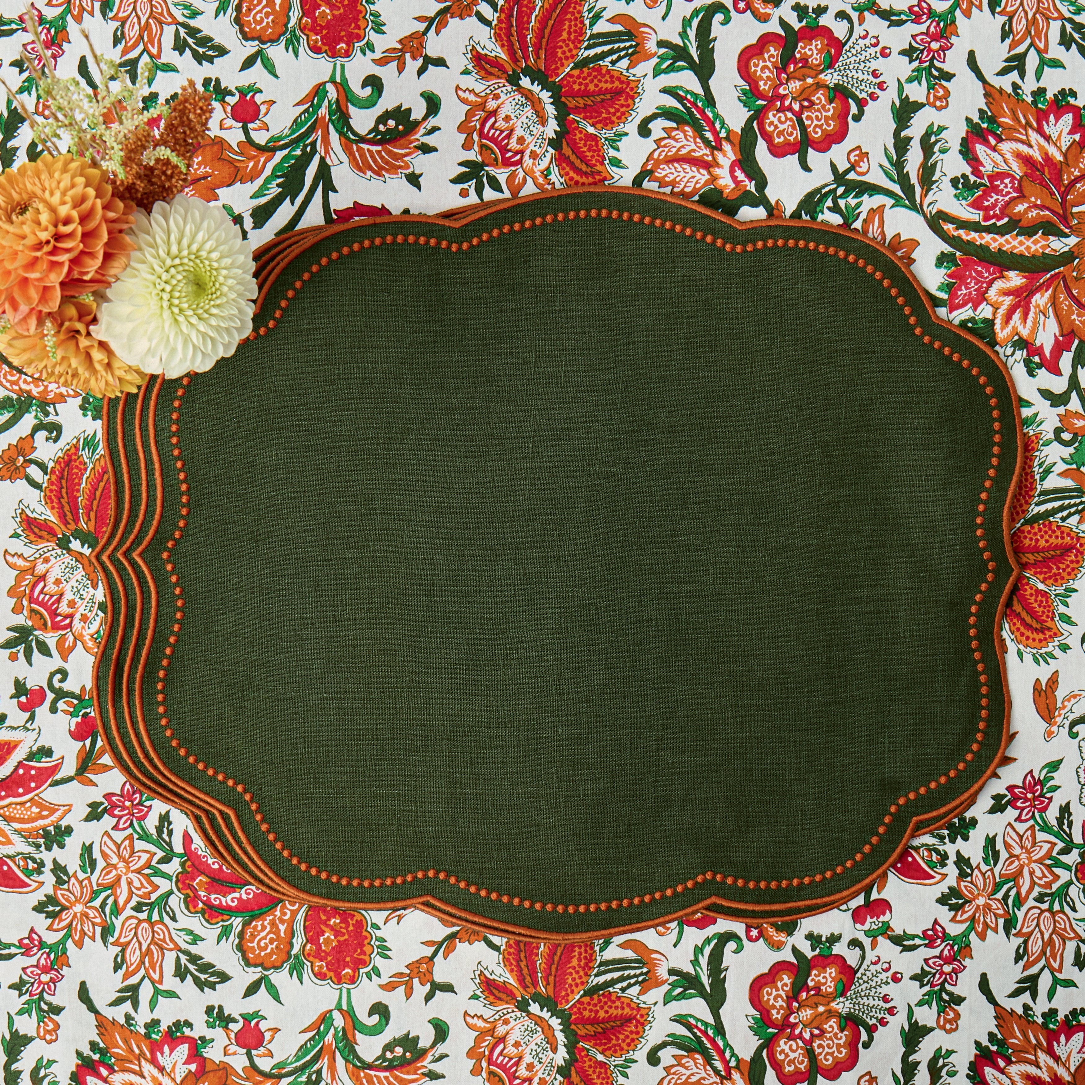 Forest Green & Orange Eloise Linen Placemats (Set of 4)