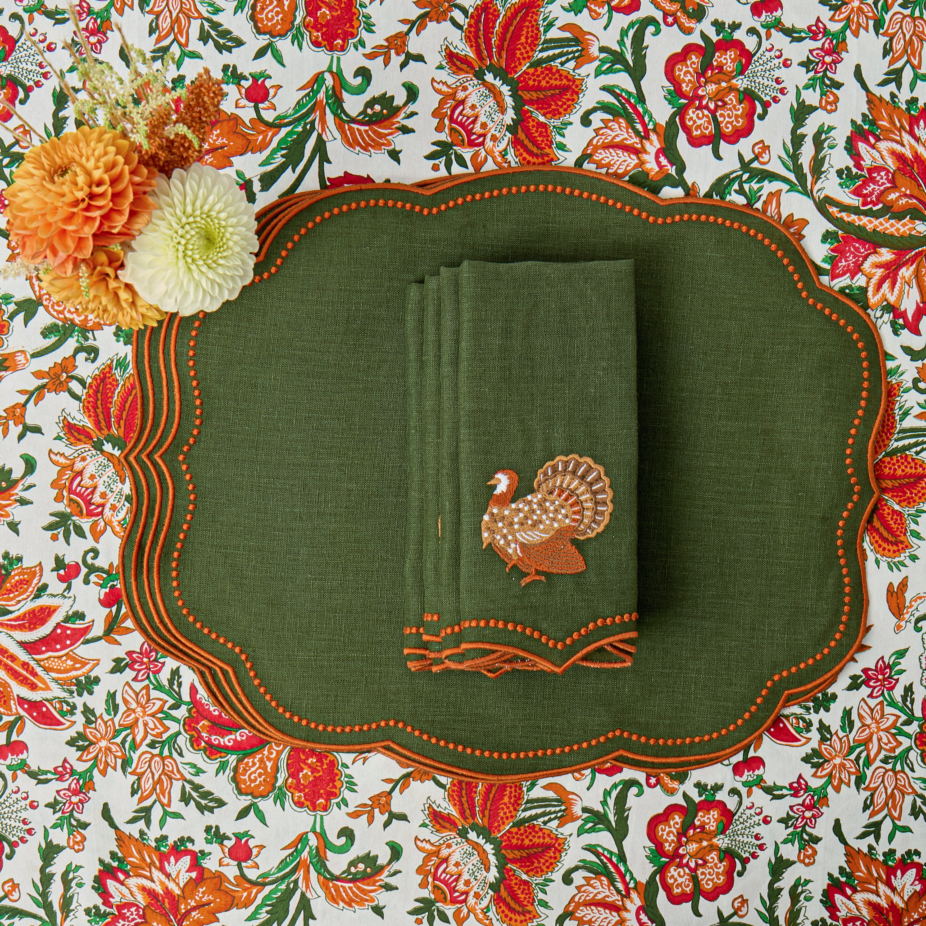 Forest Green & Orange Eloise Placemats & Turkey Embroidered Napkins (Set of 8)