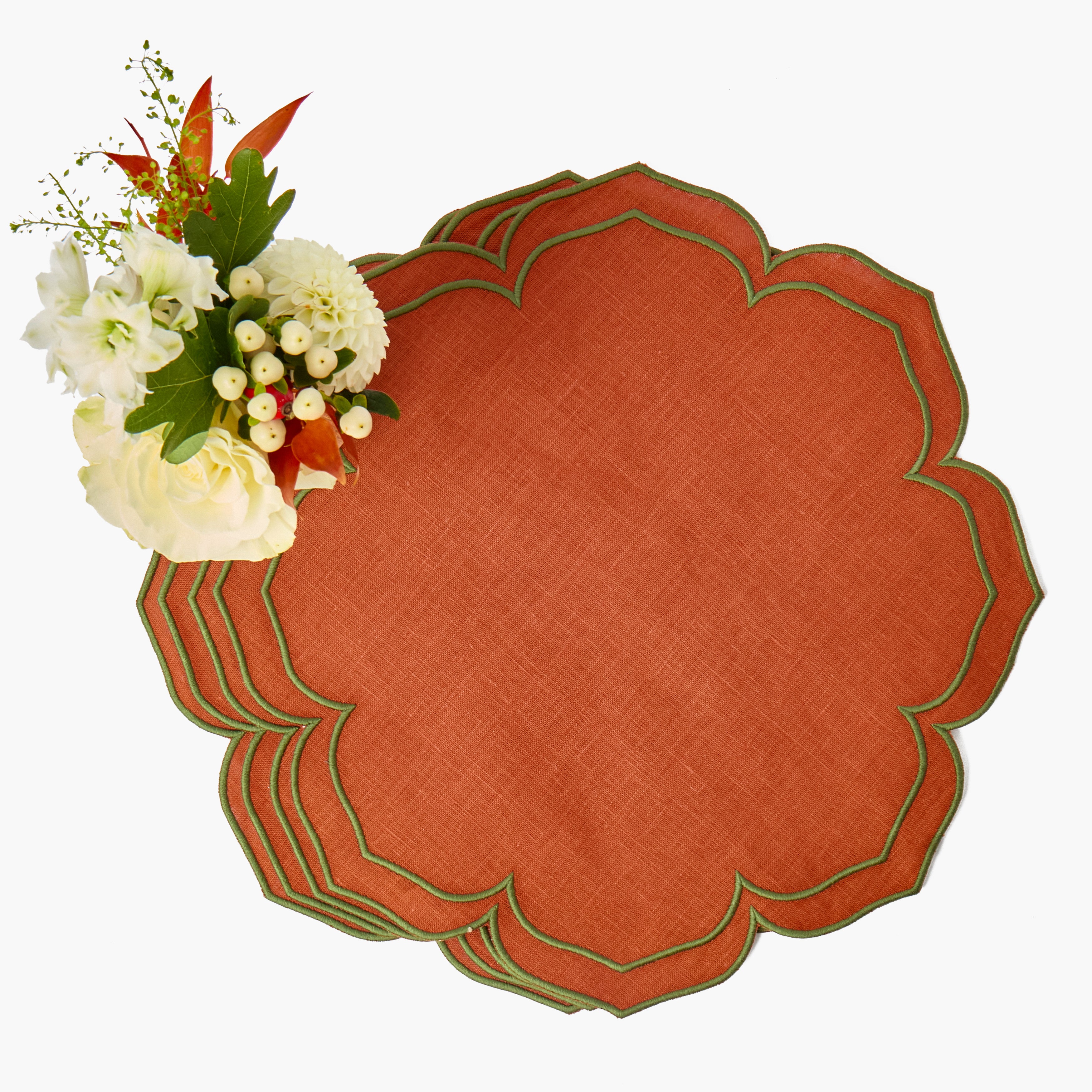 Orange & Green Fleur Placemats & Mushroom Garland Napkins (Set of 8)