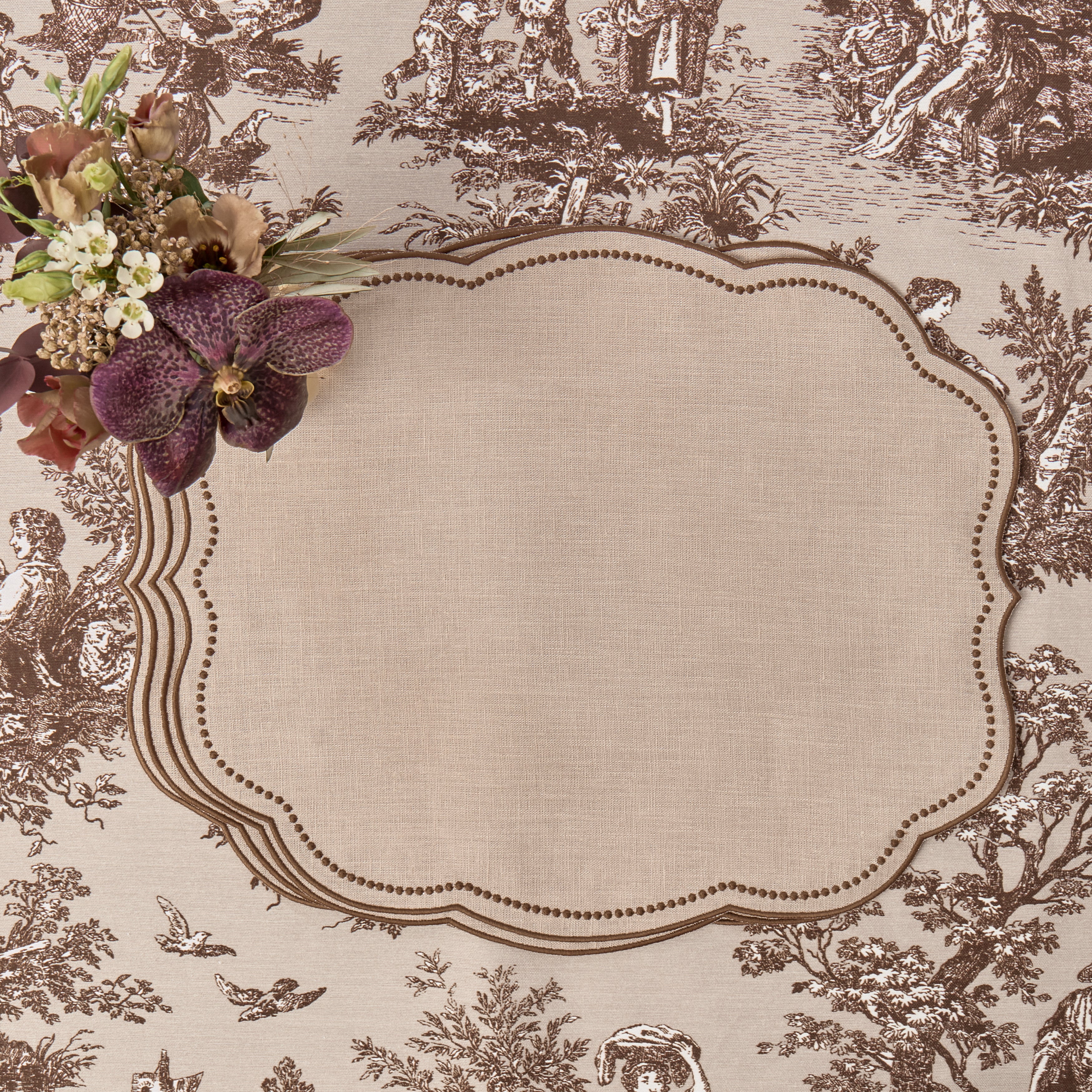 Taupe & Chocolate Eloise Placemats & Mushroom Embroidered Napkins (Set of 8)