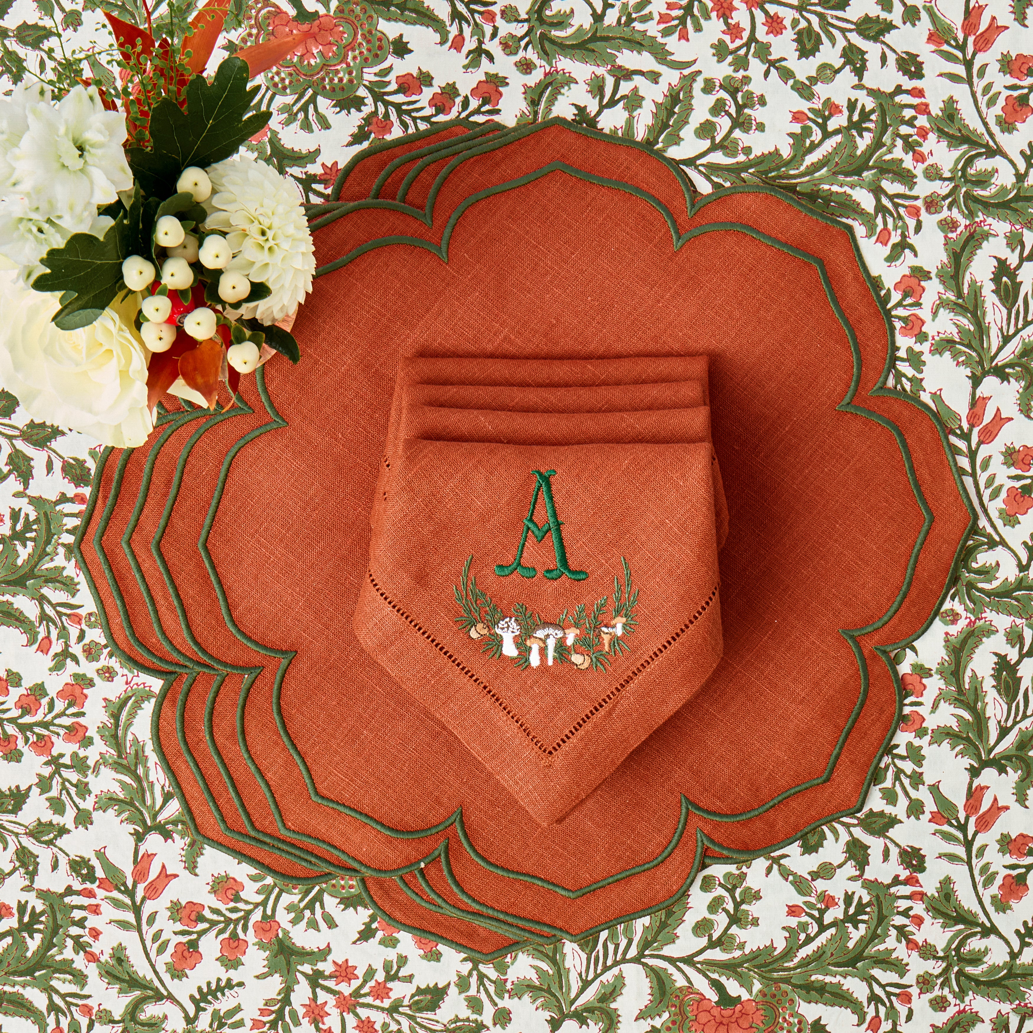 Orange & Green Fleur Placemats & Mushroom Garland Napkins (Set of 8)
