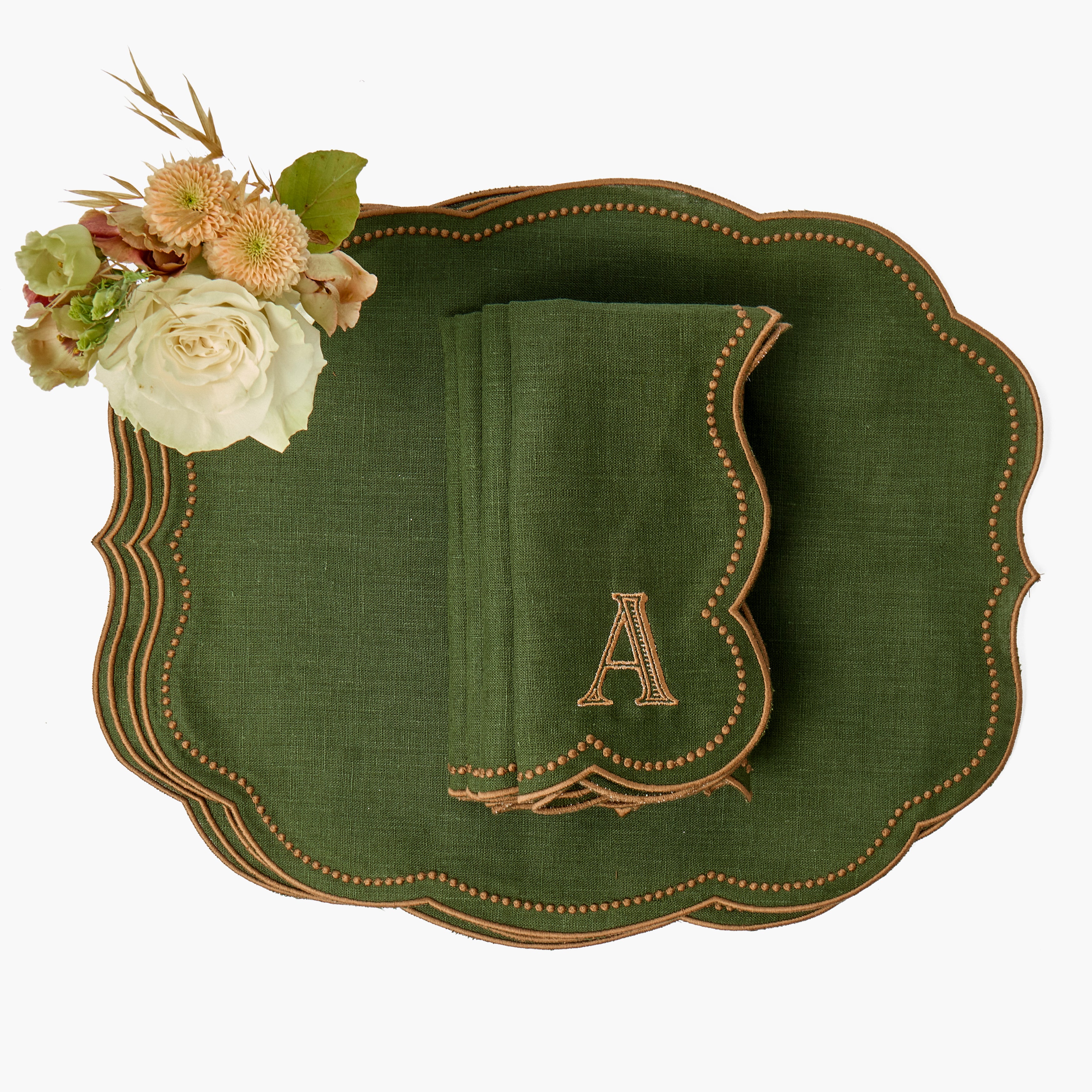 Forest Green & Chocolate Eloise Linen Placemats & Napkins (Set of 8)