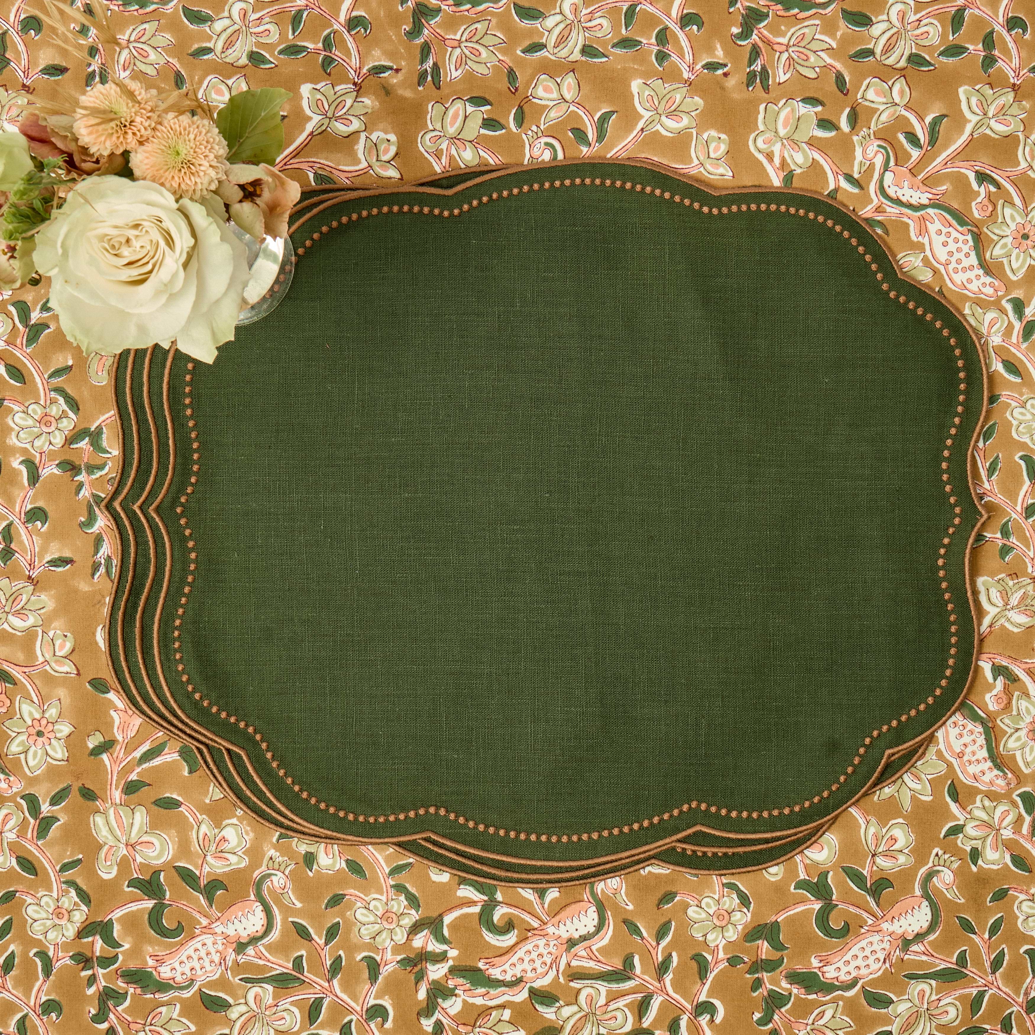 Eloise Forest Green & Chocolate Linen Placemats (Set of 4)