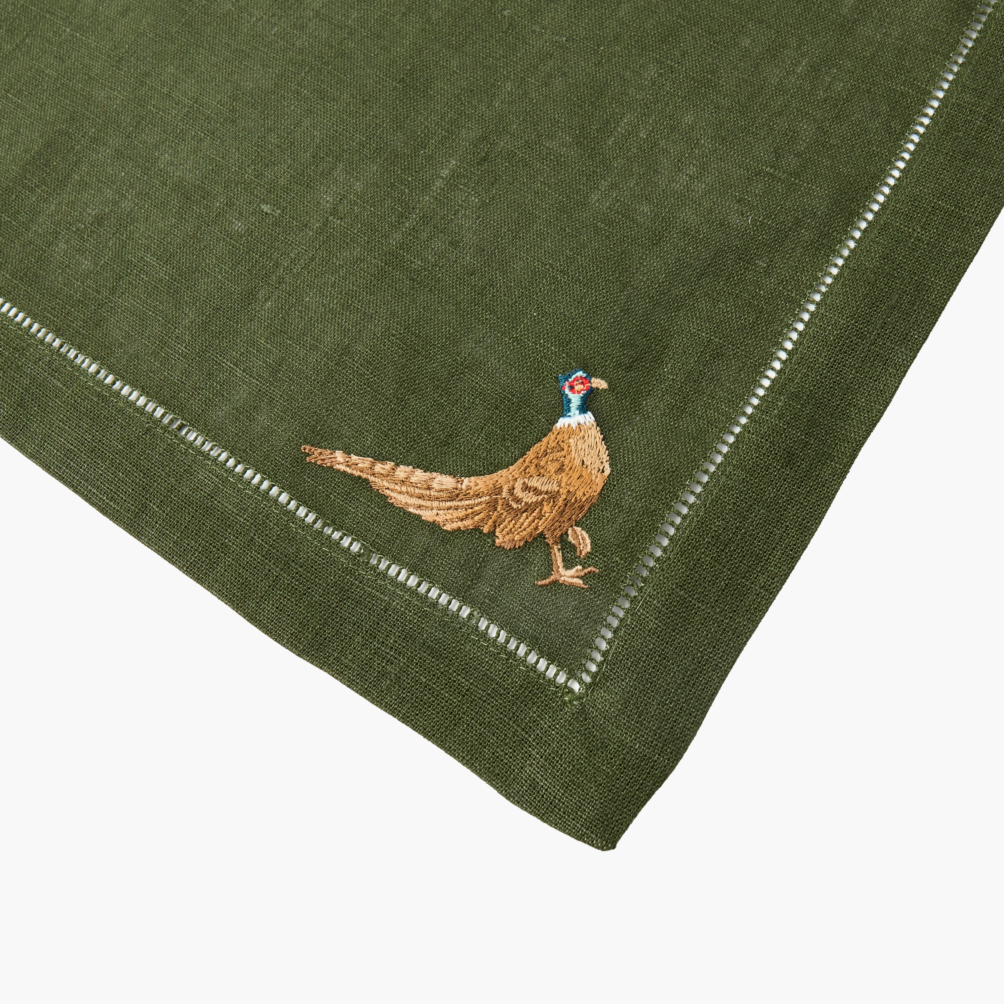 Forest Green & Chocolate Eloise Placemats & Pheasant Embroidered Napkins (Set of 8)