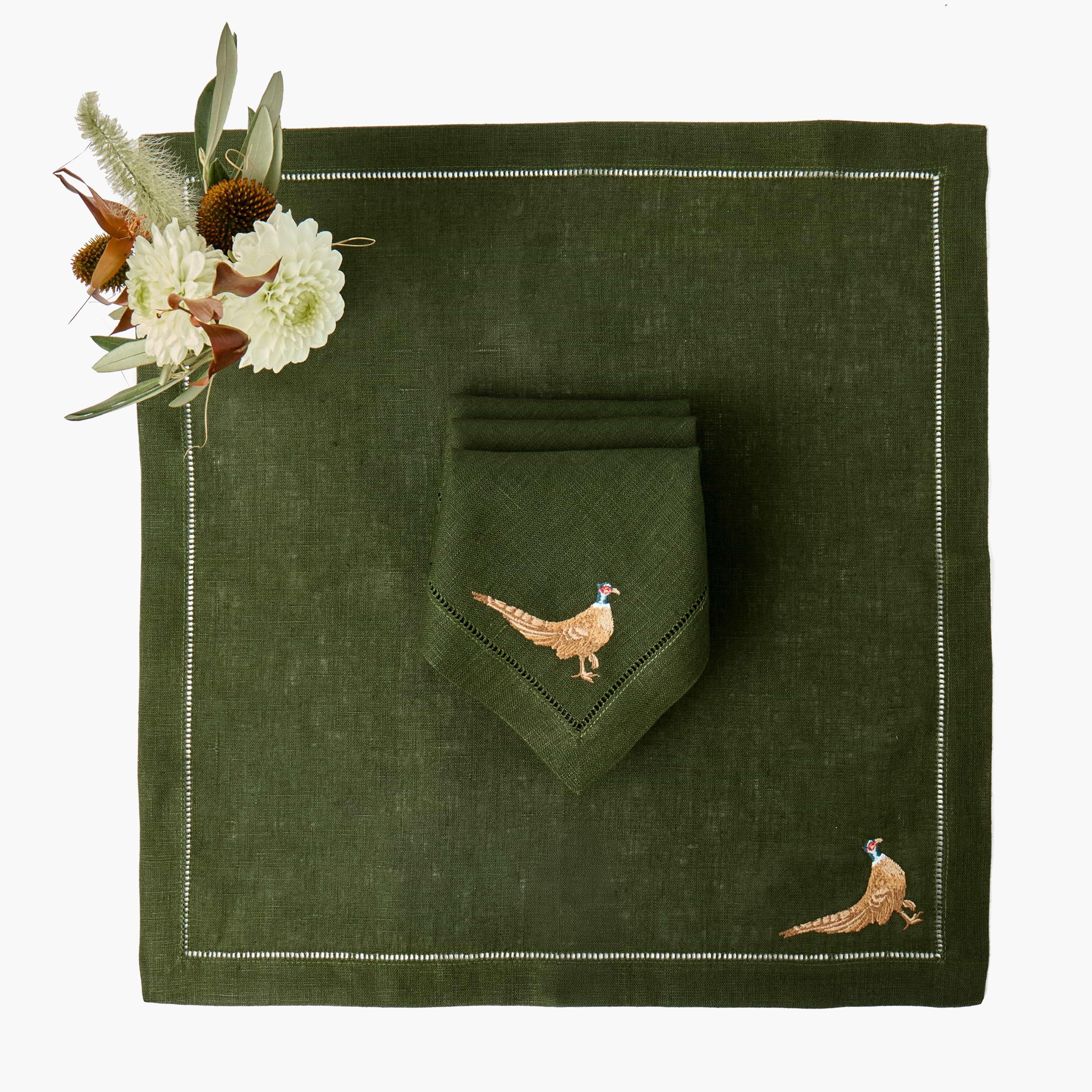 Forest Green Pheasant Linen Napkins (Set of 4)