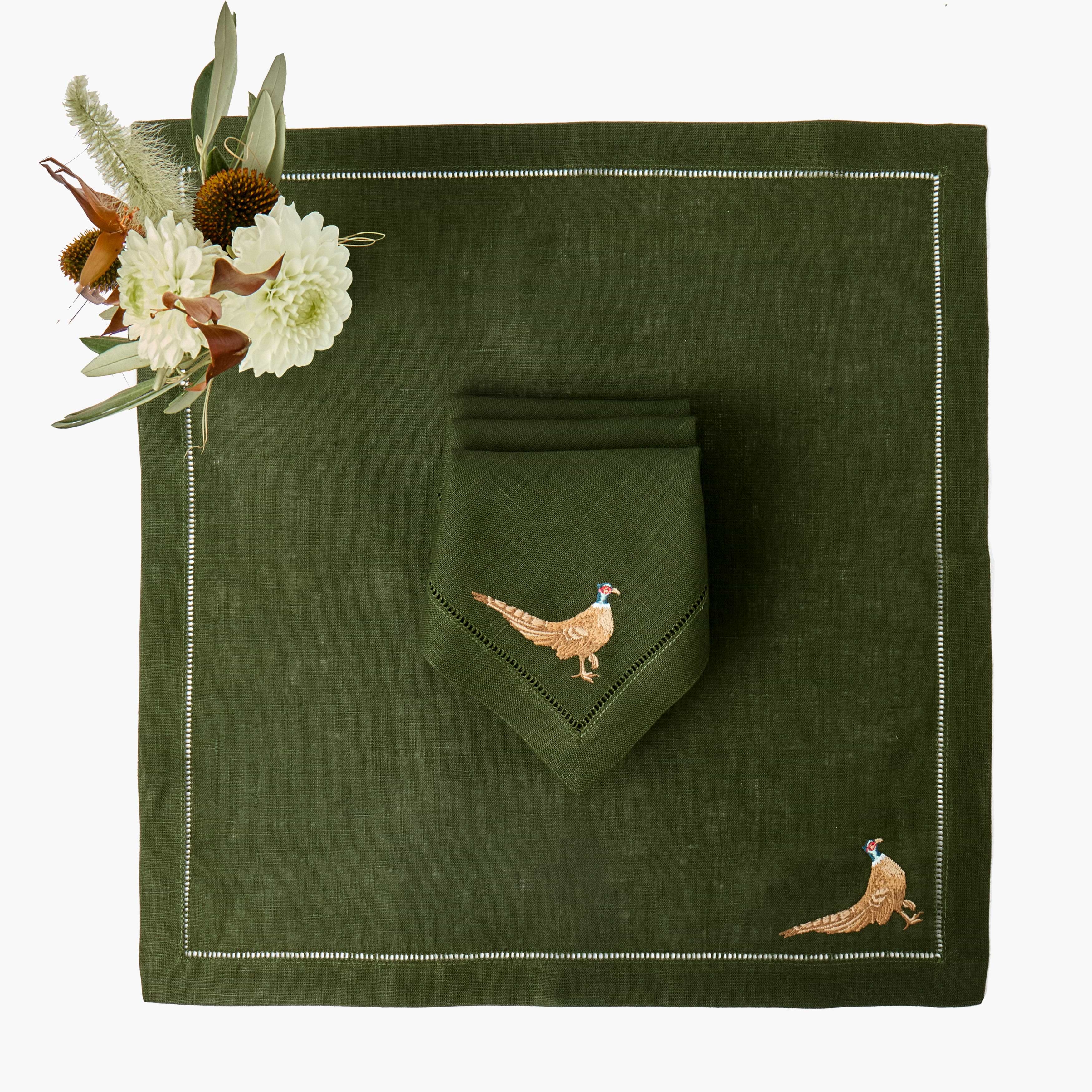 Forest Green Pheasant Linen Napkins (Set of 4)