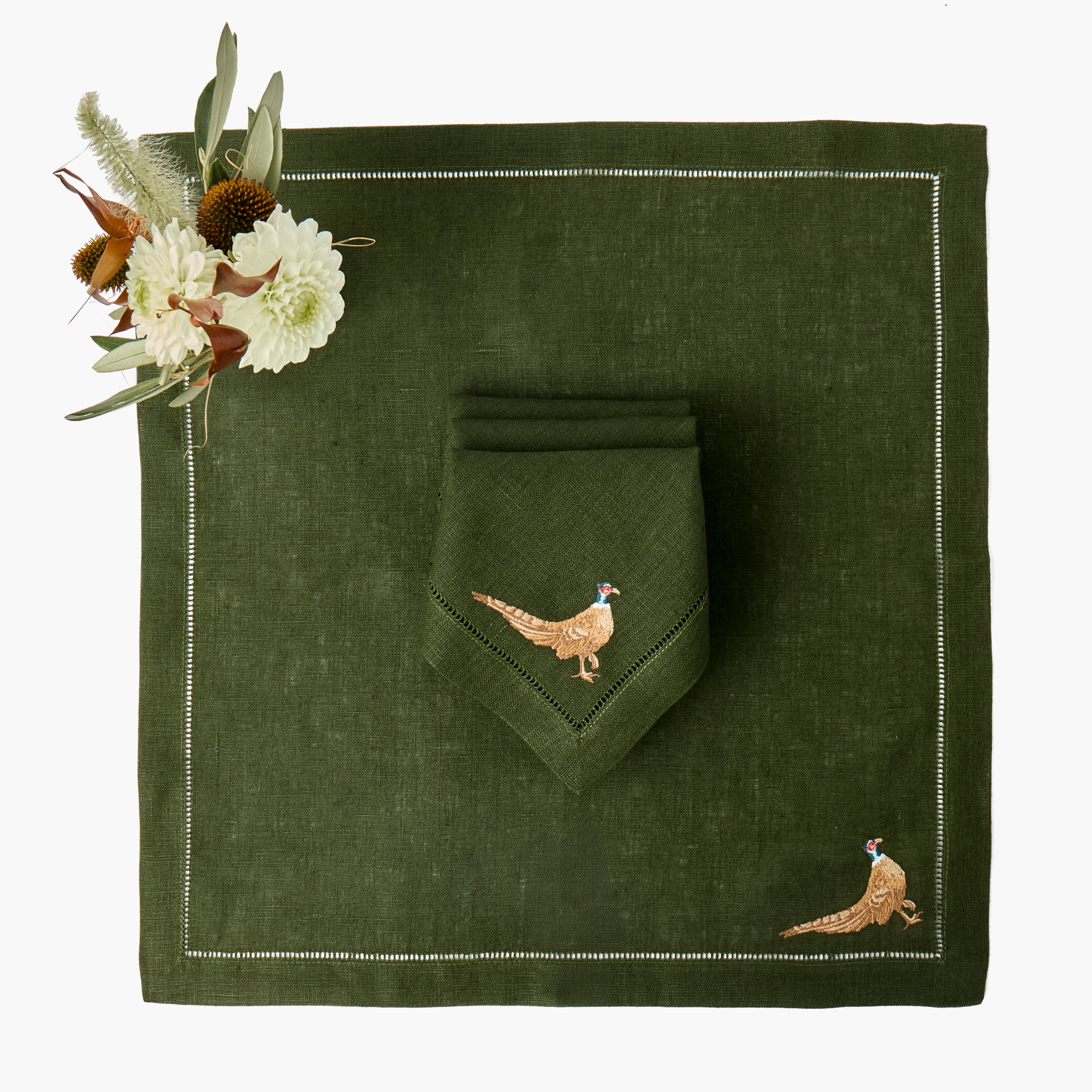 Forest Green Pheasant Linen Napkins (Set of 4)