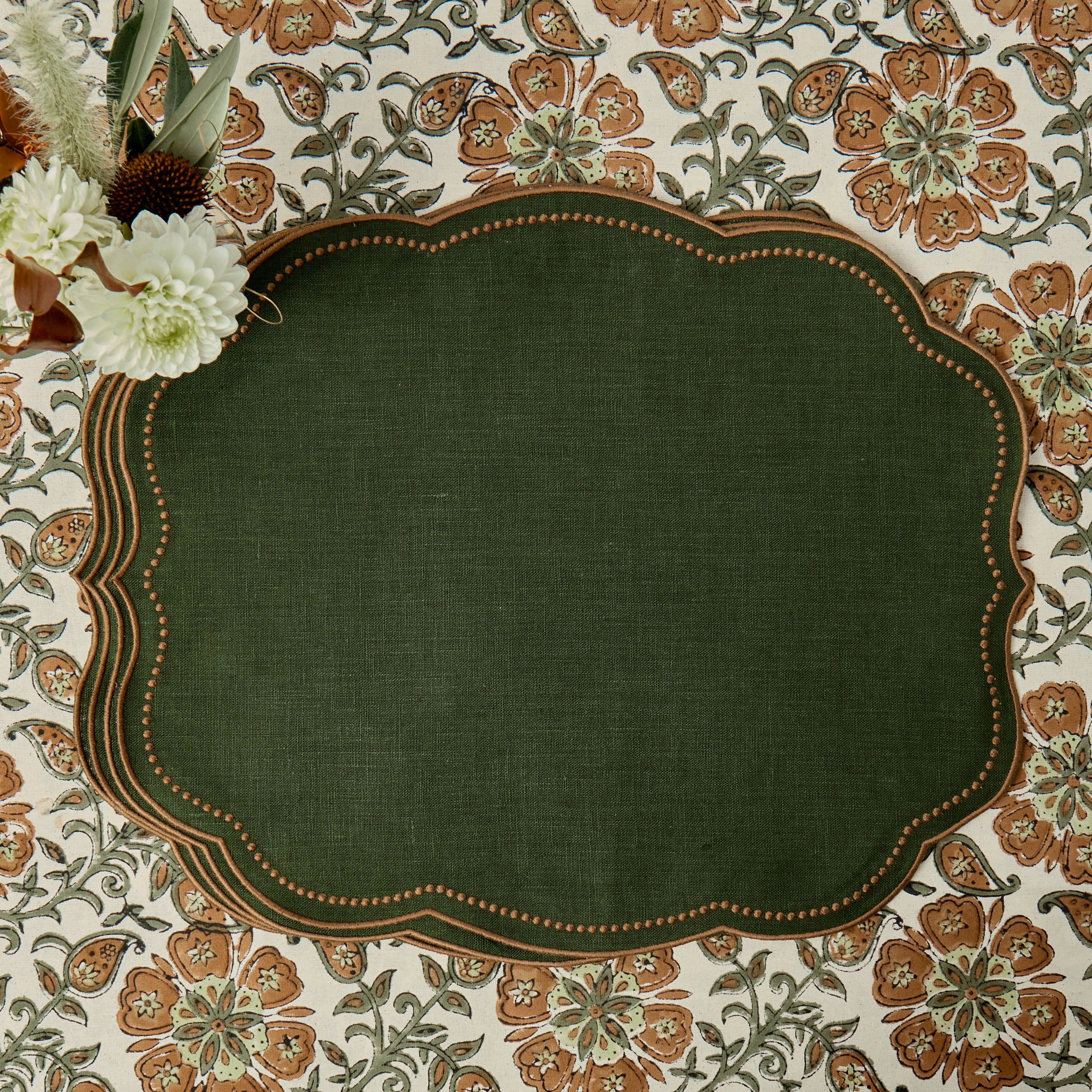 Eloise Forest Green & Chocolate Linen Placemats (Set of 4)