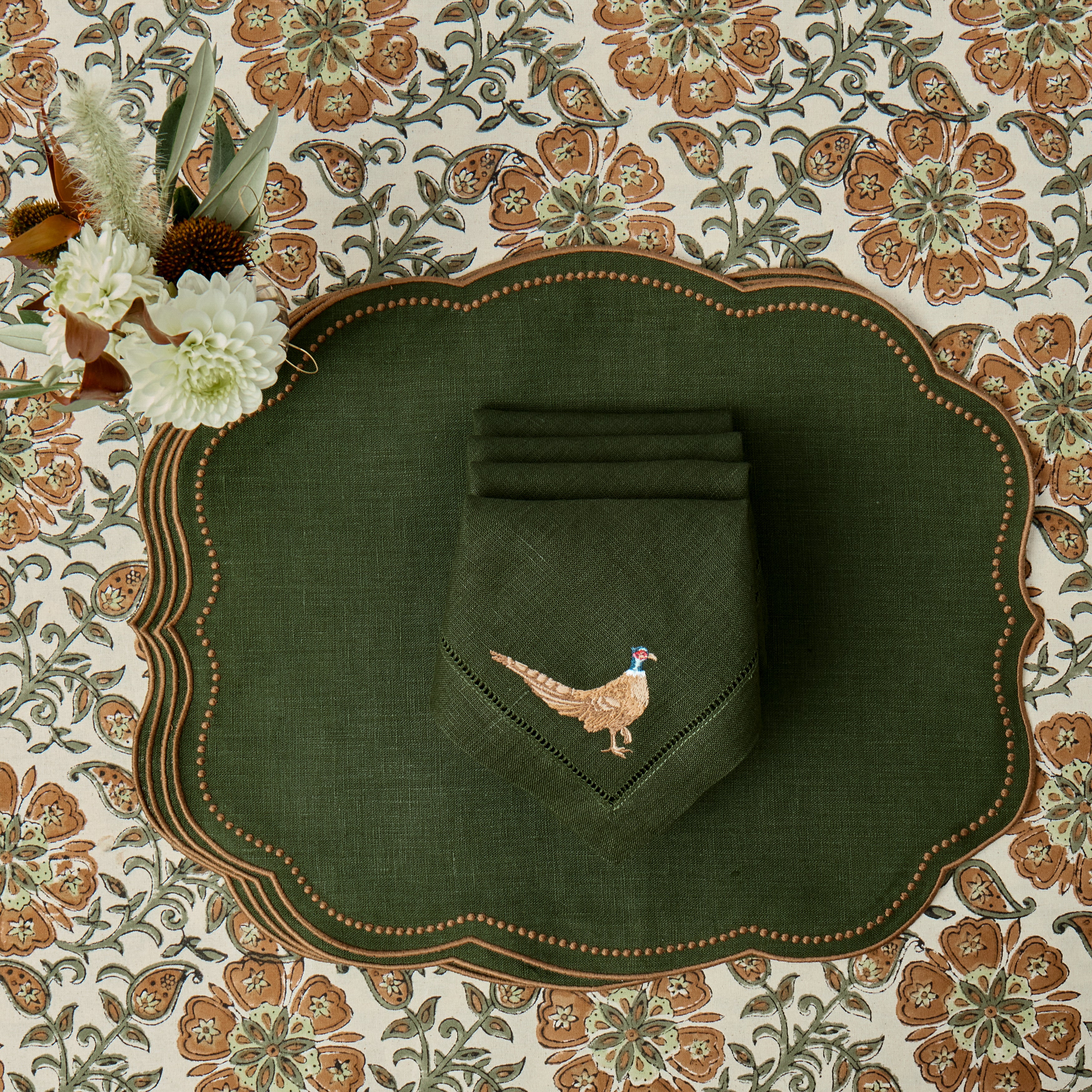 Forest Green & Chocolate Eloise Placemats & Pheasant Embroidered Napkins (Set of 8)