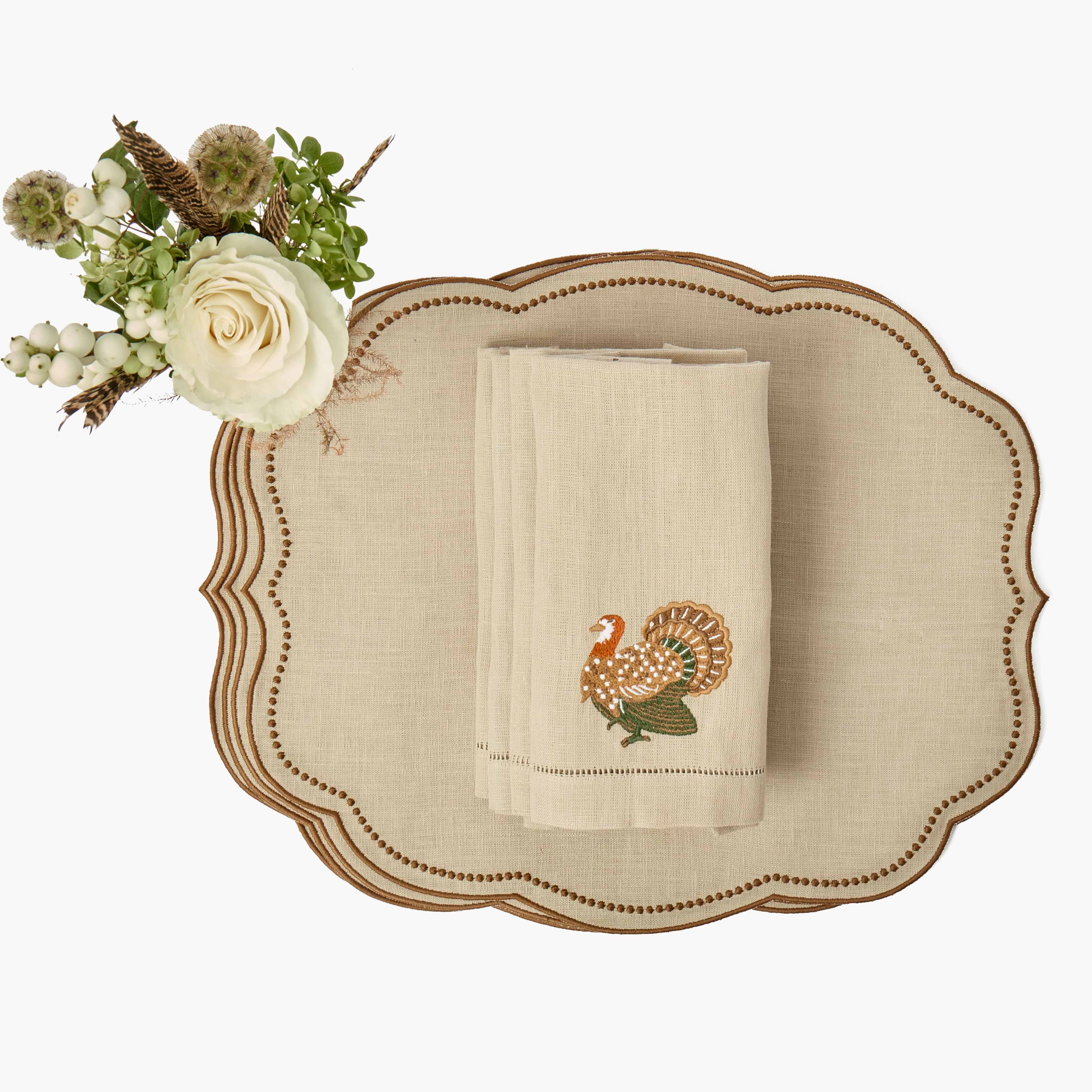 Taupe & Chocolate Eloise Linen Placemats & Turkey Napkins (Set of 4)