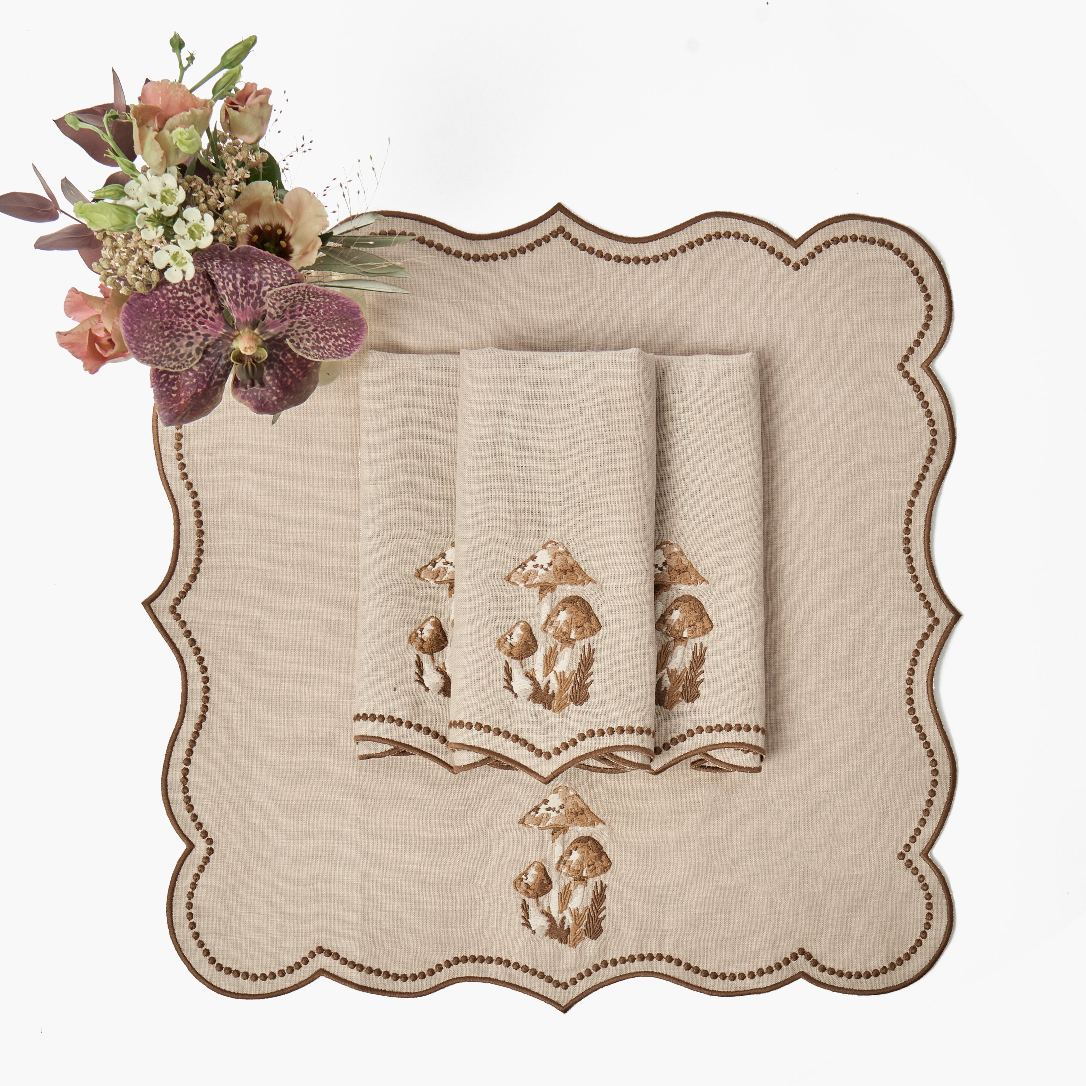 Taupe & Chocolate Mushroom Embroidered Linen Napkins (Set of 4)