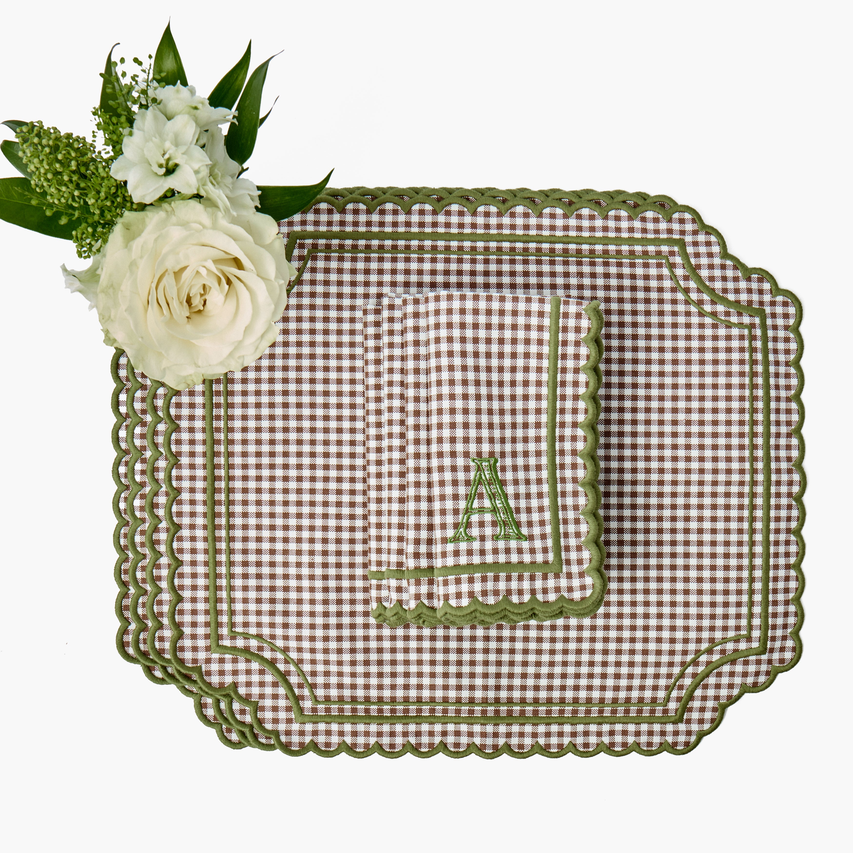 Chocolate & Green Louisa Gingham Placemats & Napkins (Set of 8)