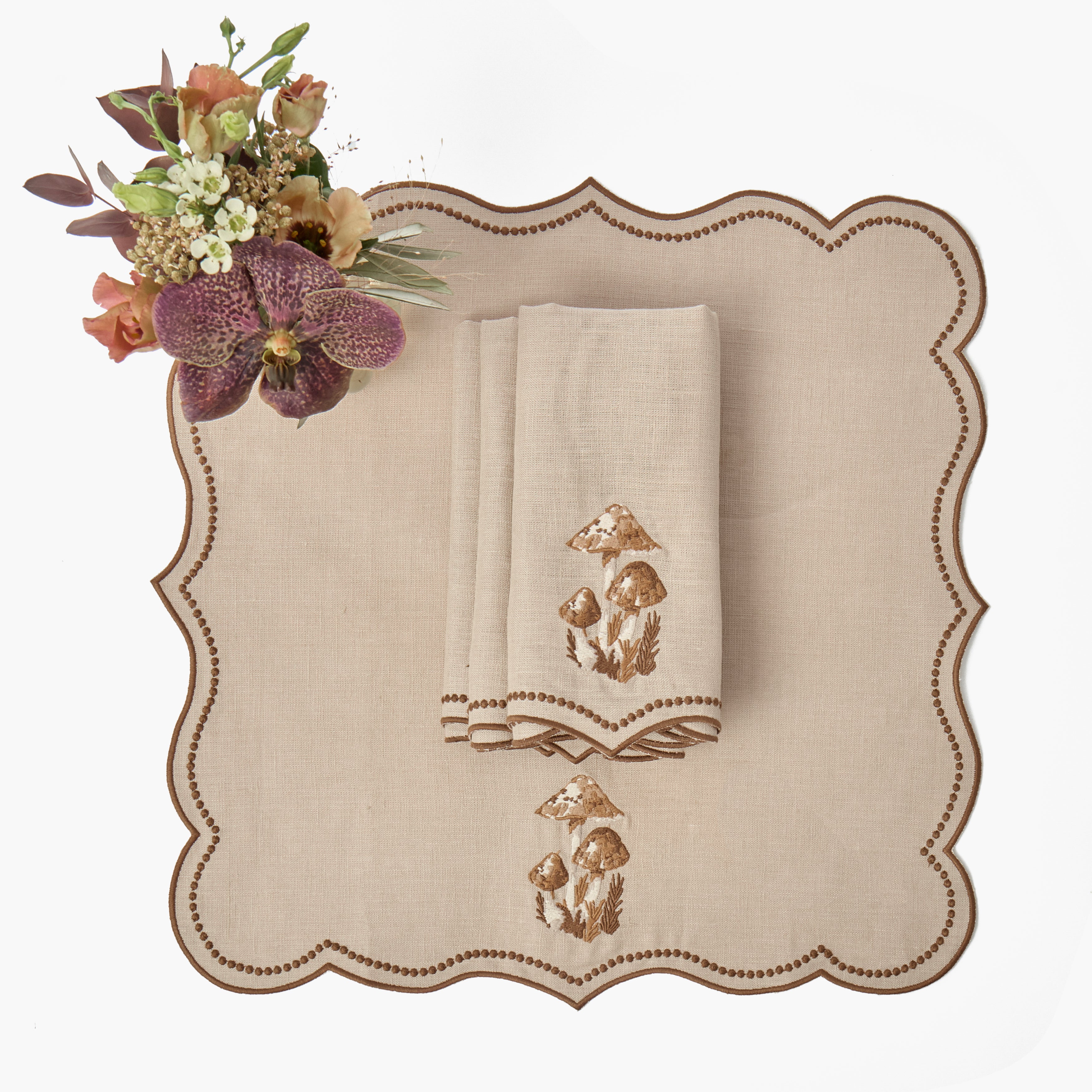 Taupe & Chocolate Eloise Placemats & Mushroom Embroidered Napkins (Set of 8)