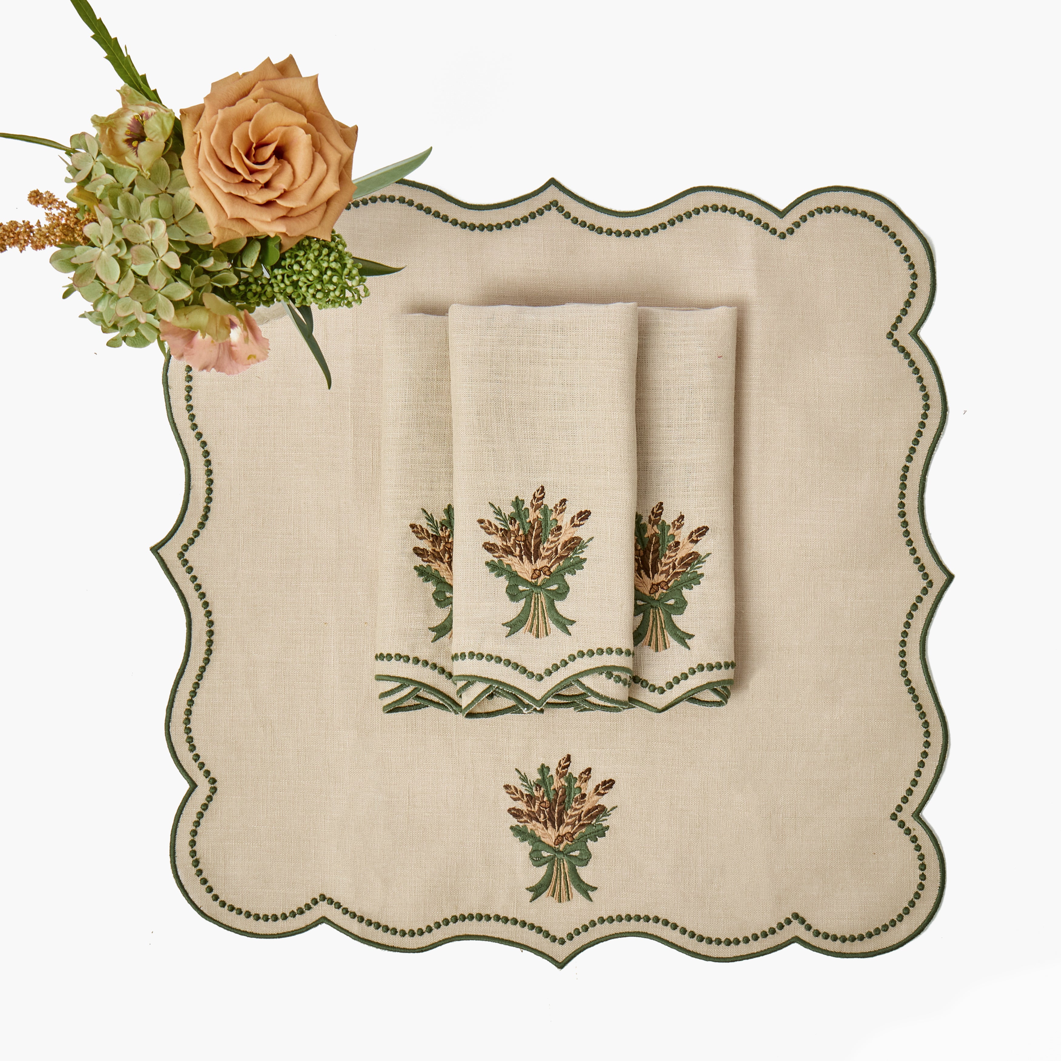 Taupe & Green Eloise Placemats & Corn Sheaf Embroidered Napkins (Set of 8)