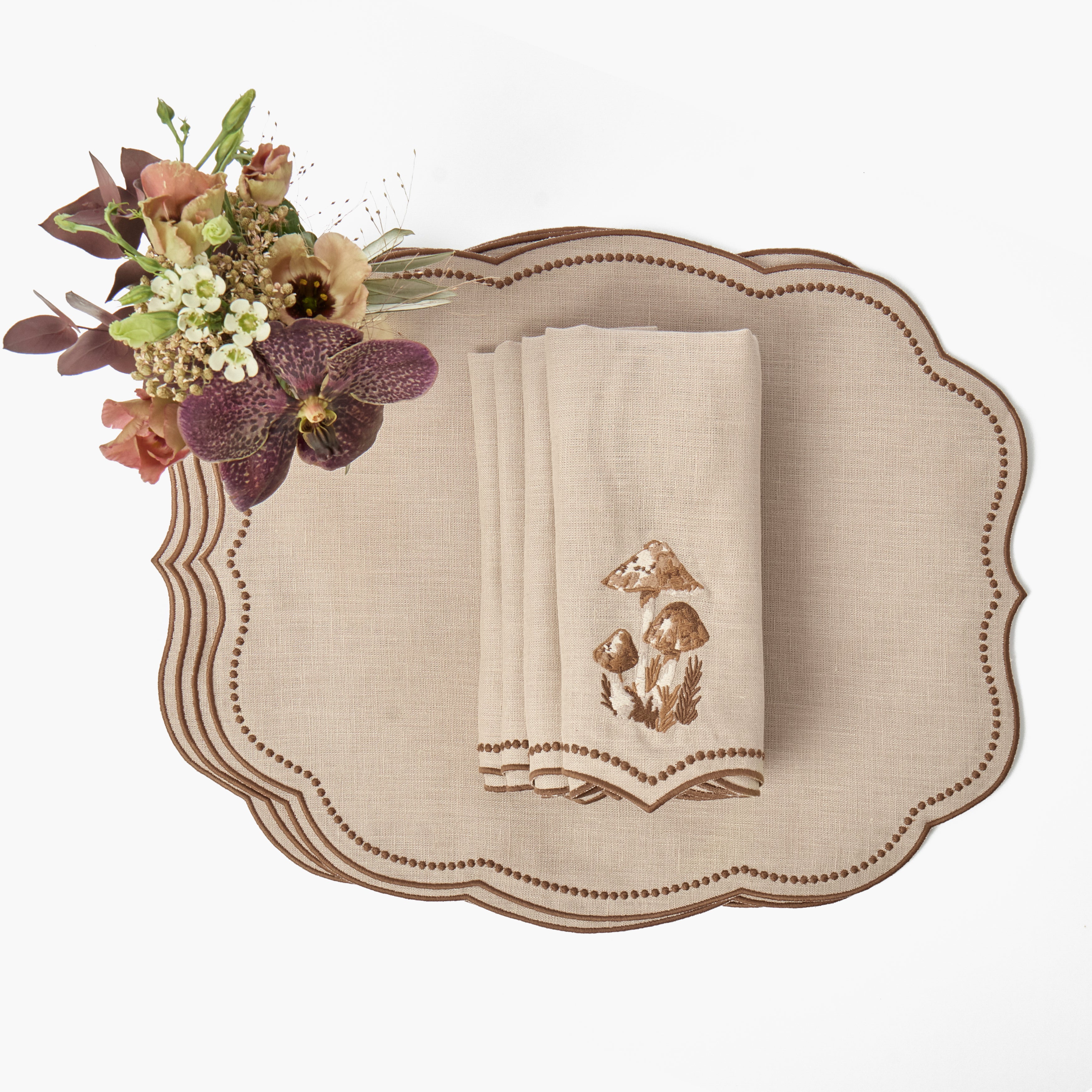 Taupe & Chocolate Eloise Placemats & Mushroom Embroidered Napkins (Set of 8)