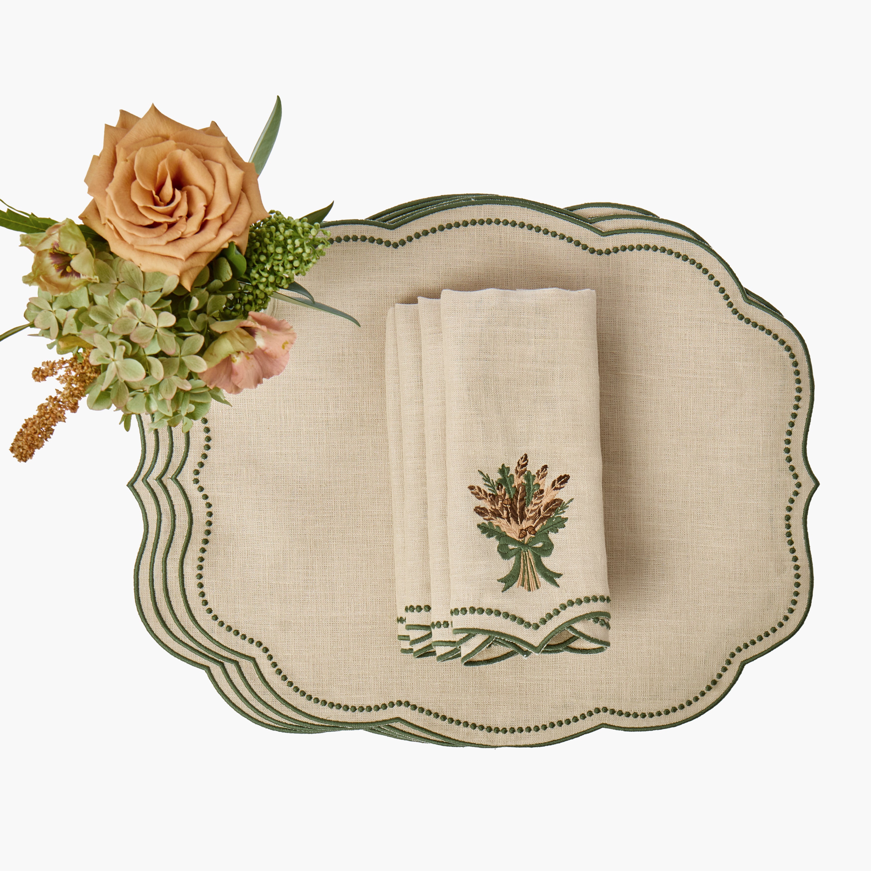 Taupe & Green Eloise Placemats & Corn Sheaf Embroidered Napkins (Set of 8)