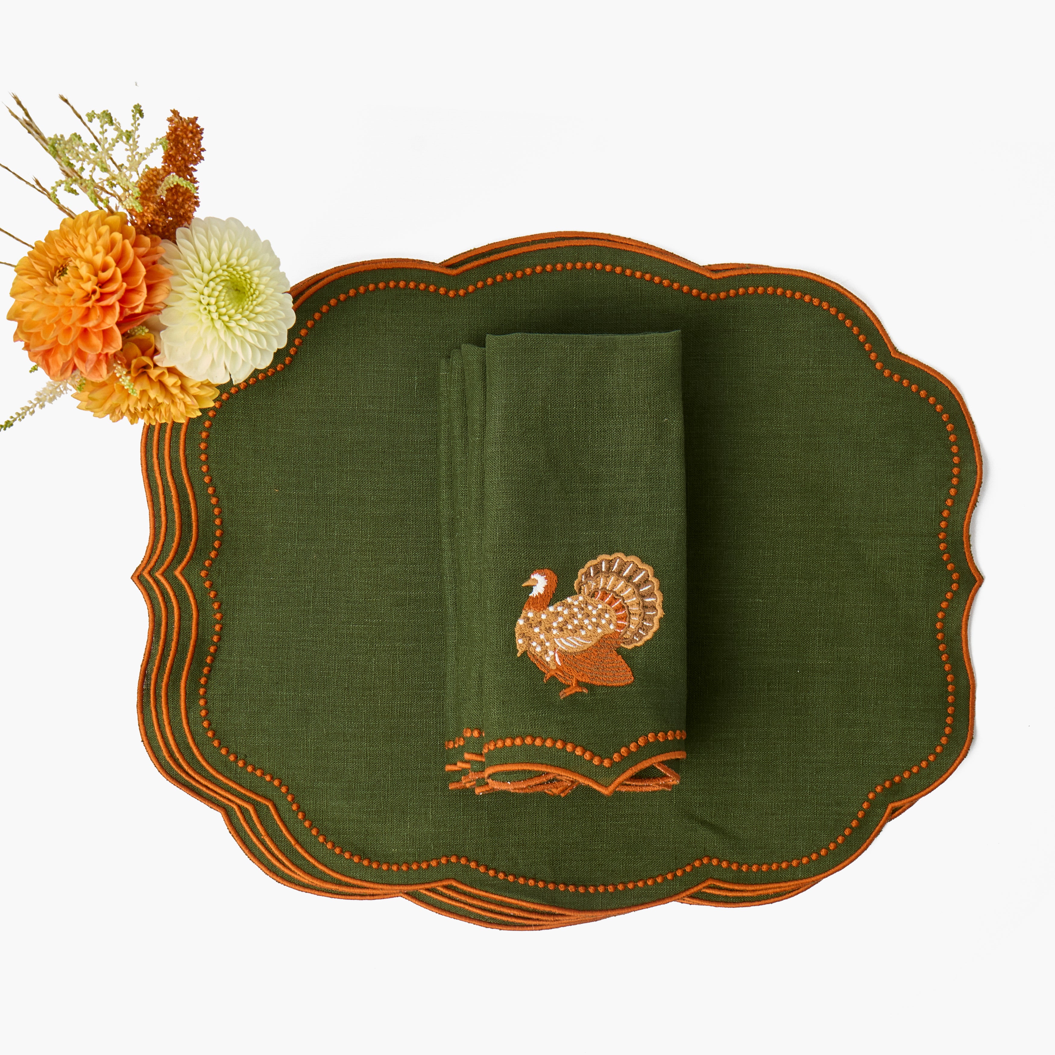 Forest Green & Orange Eloise Linen Placemats (Set of 4)