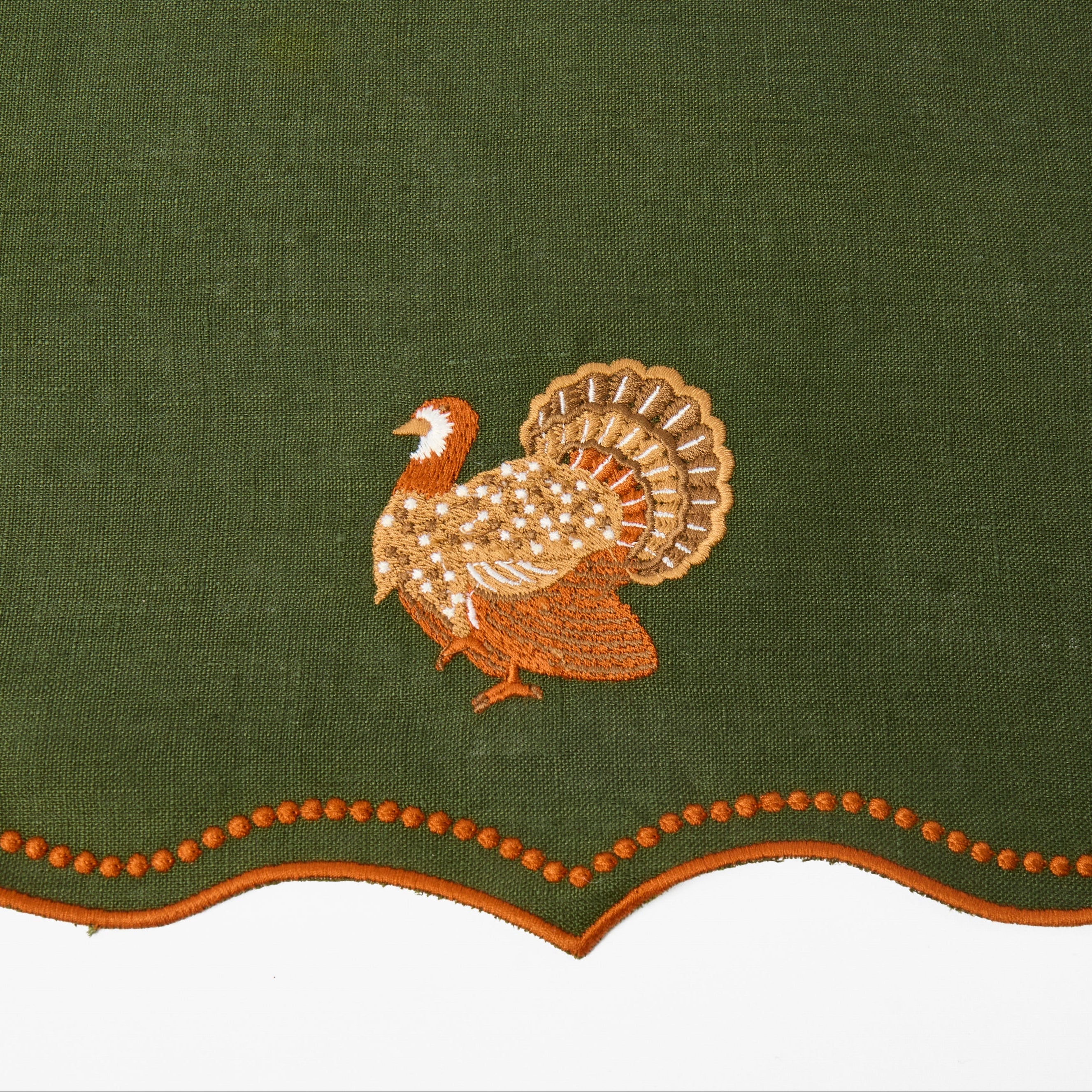 Forest Green & Orange Eloise Placemats & Turkey Embroidered Napkins (Set of 8)