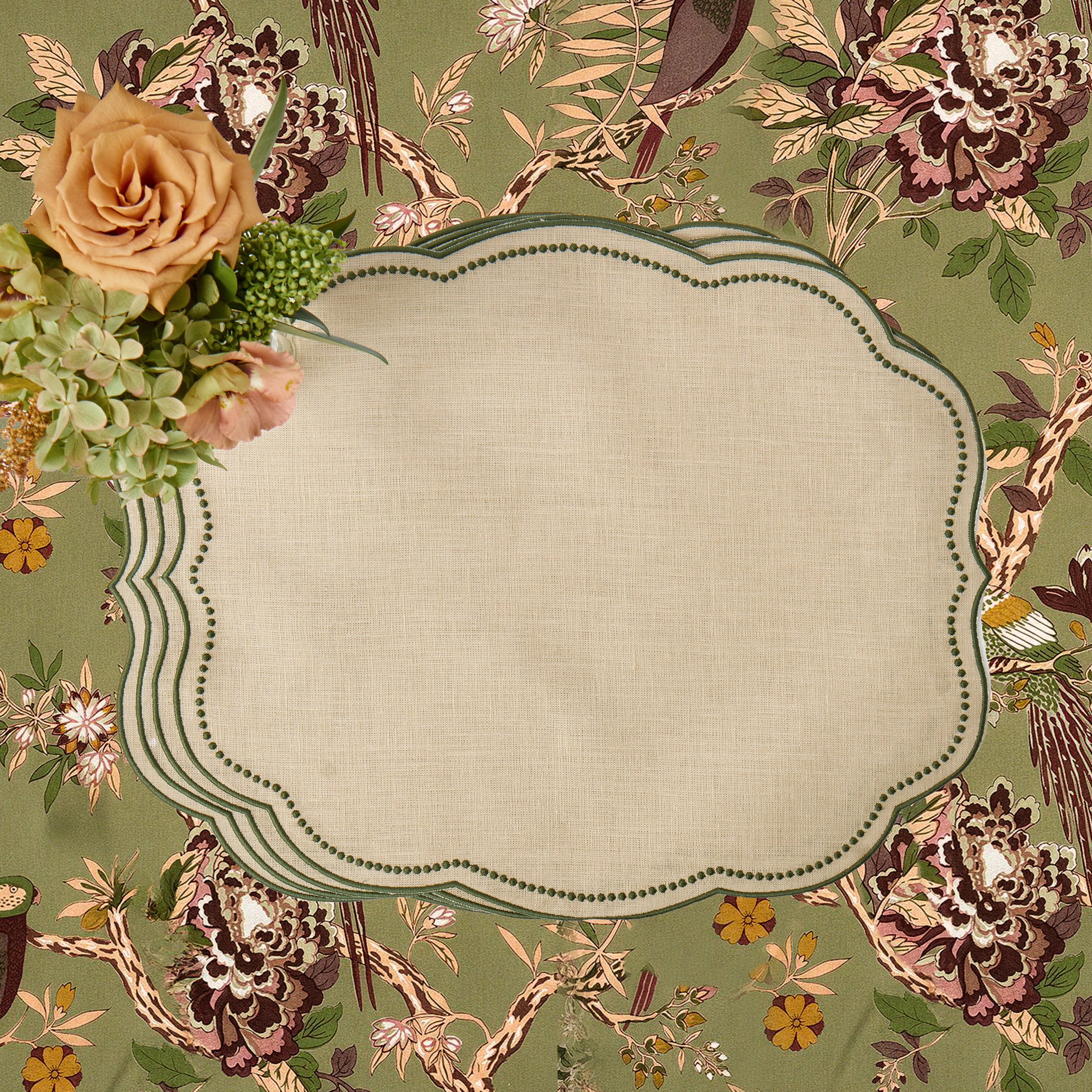 Taupe & Green Eloise Linen Placemats (Set of 4)