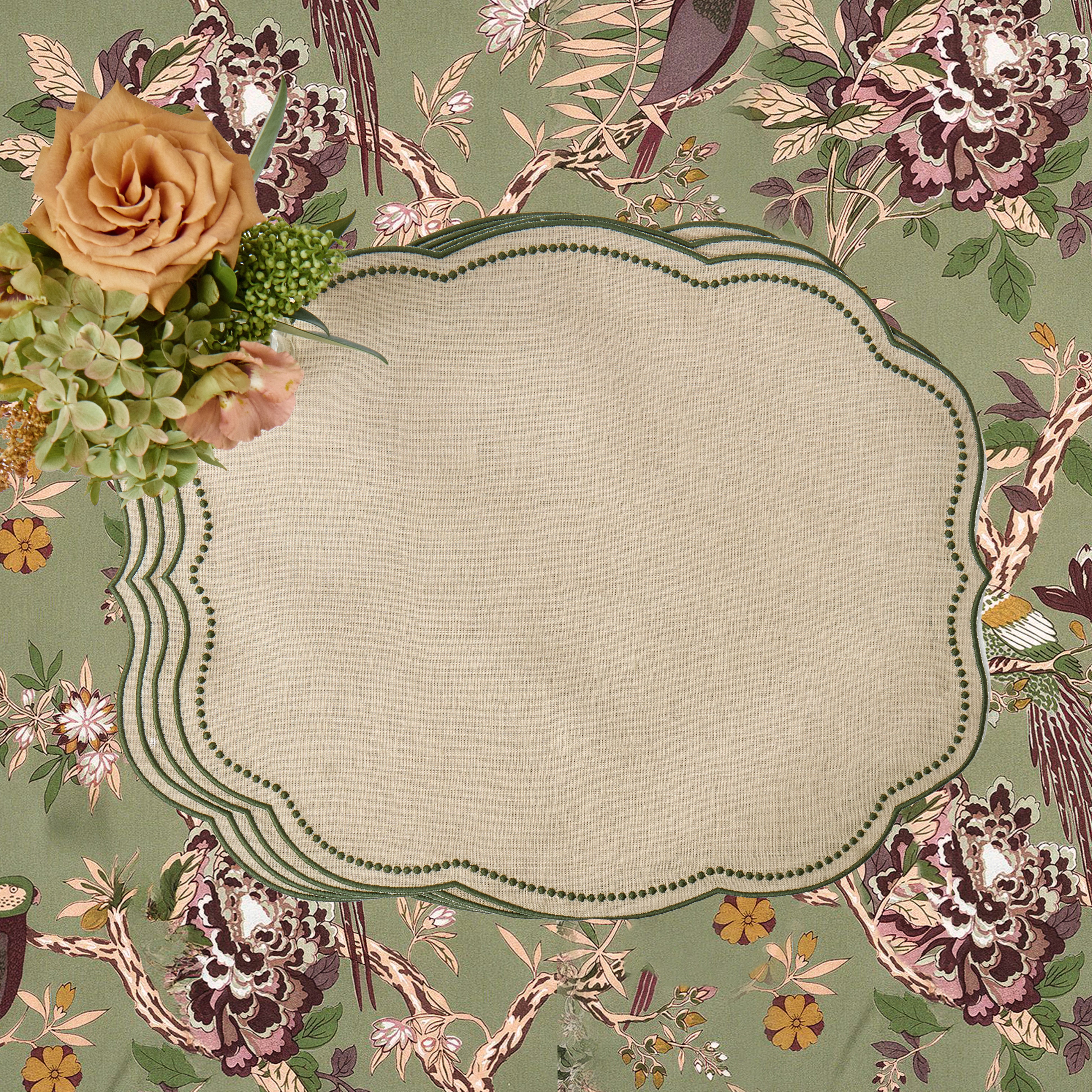 Taupe & Green Eloise Linen Placemats (Set of 4)