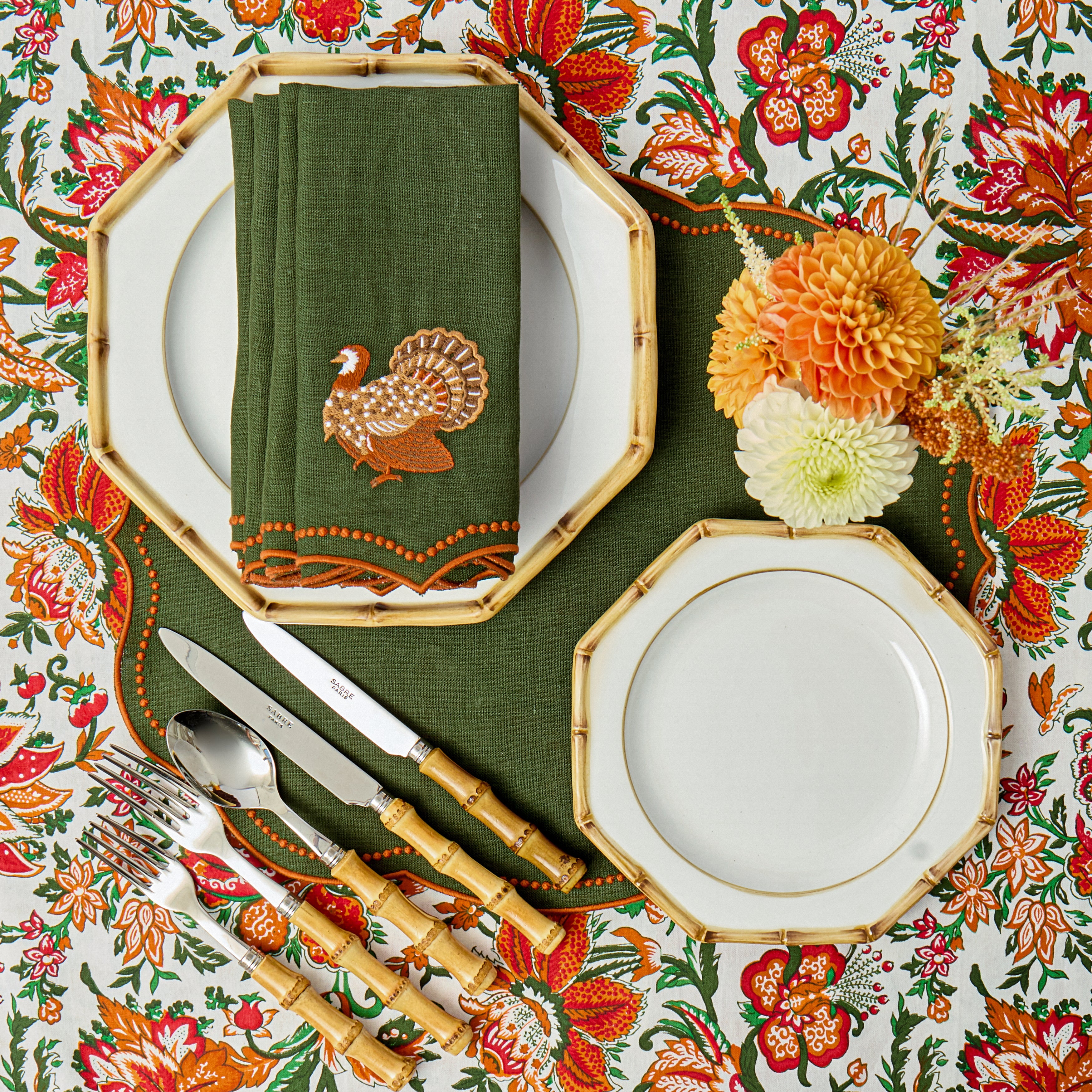 Forest Green & Orange Eloise Linen Placemats (Set of 4)
