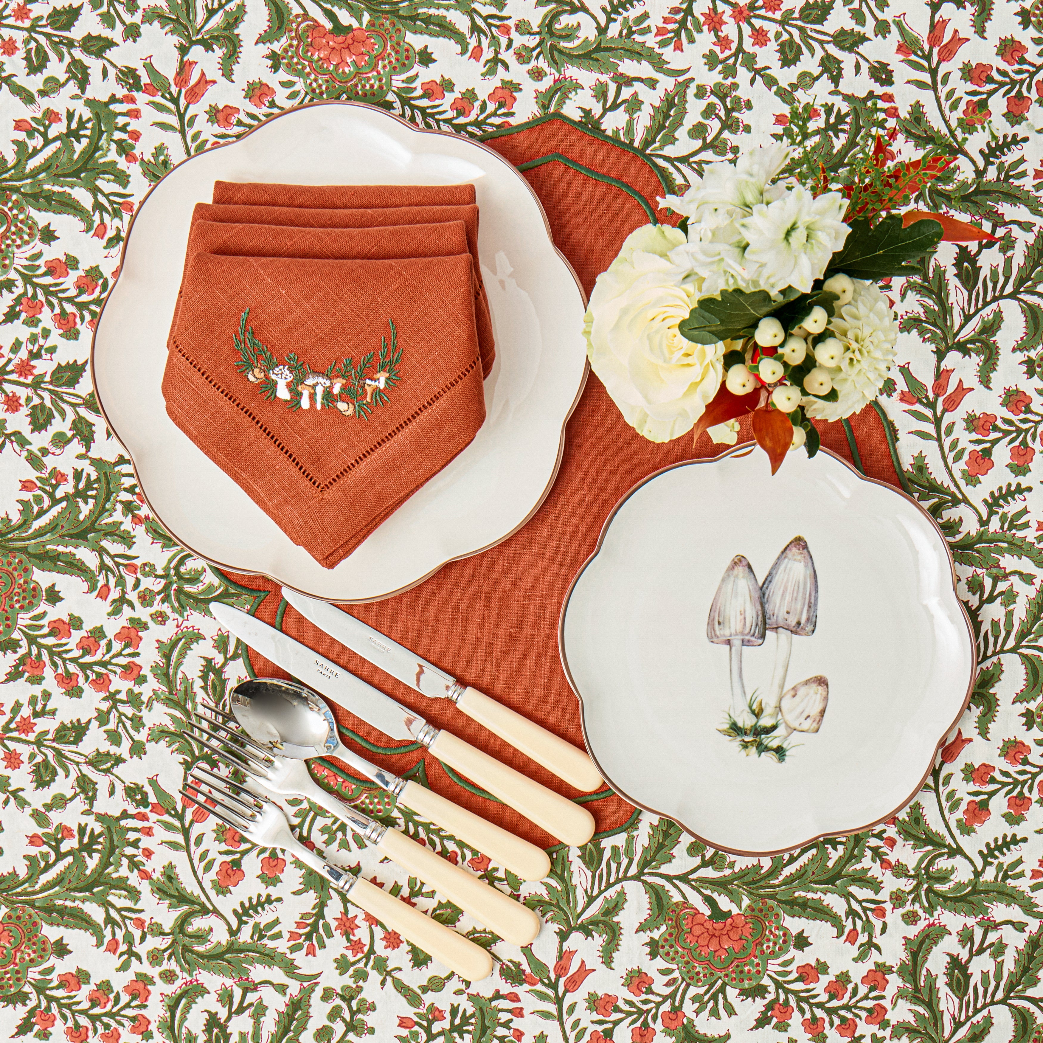Orange & Green Fleur Placemats & Mushroom Garland Napkins (Set of 8)