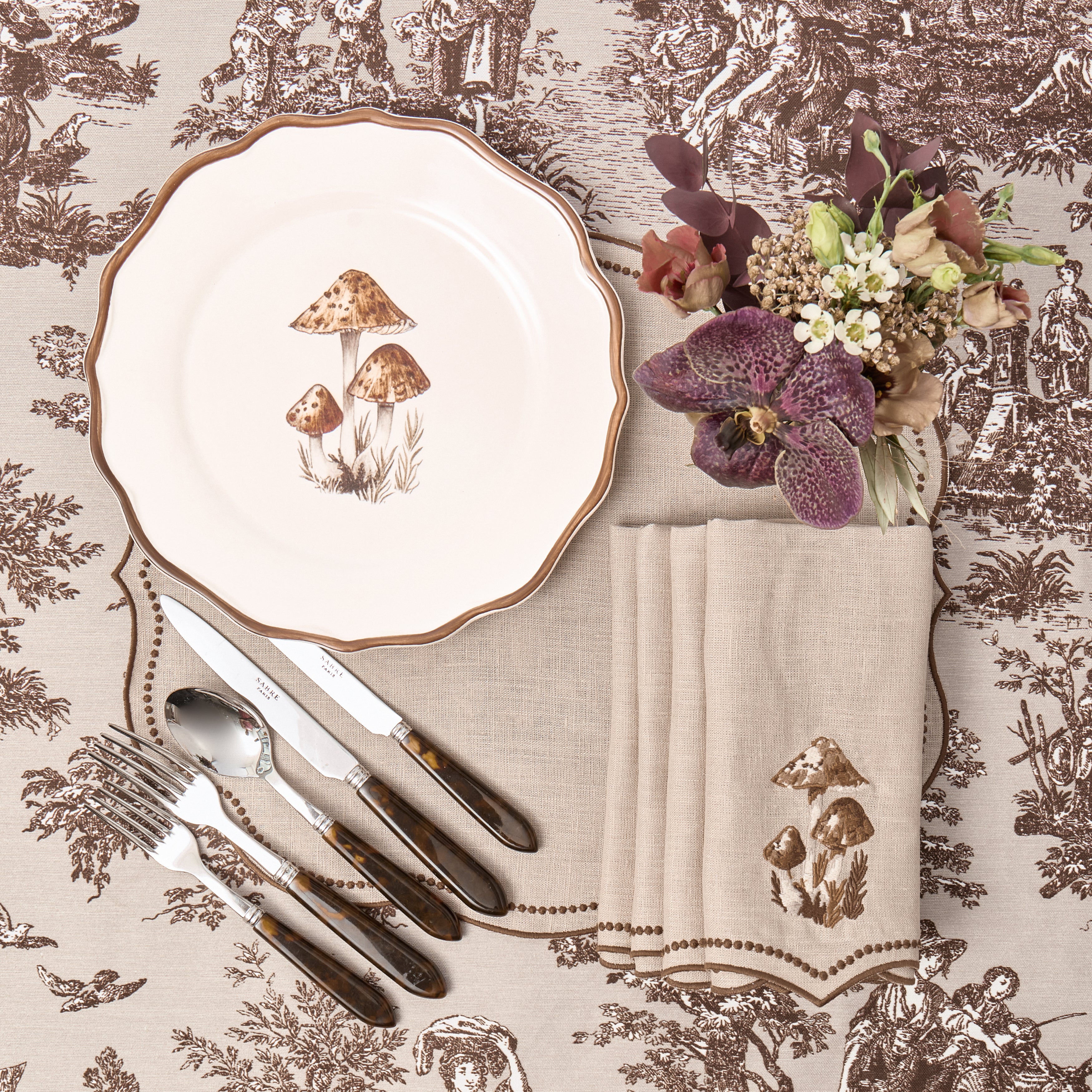 Taupe & Chocolate Mushroom Embroidered Linen Napkins (Set of 4)