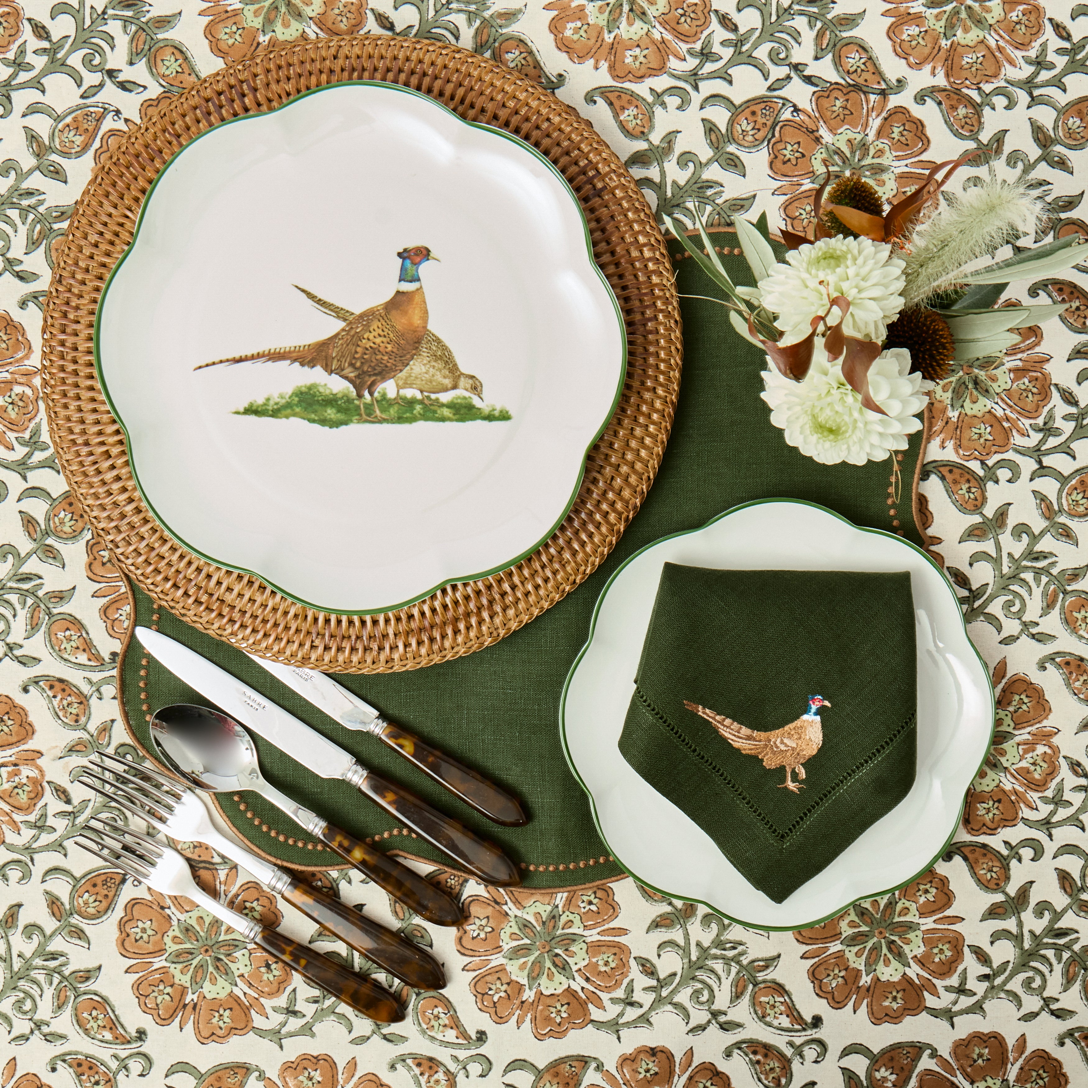 Forest Green & Chocolate Eloise Placemats & Pheasant Embroidered Napkins (Set of 8)