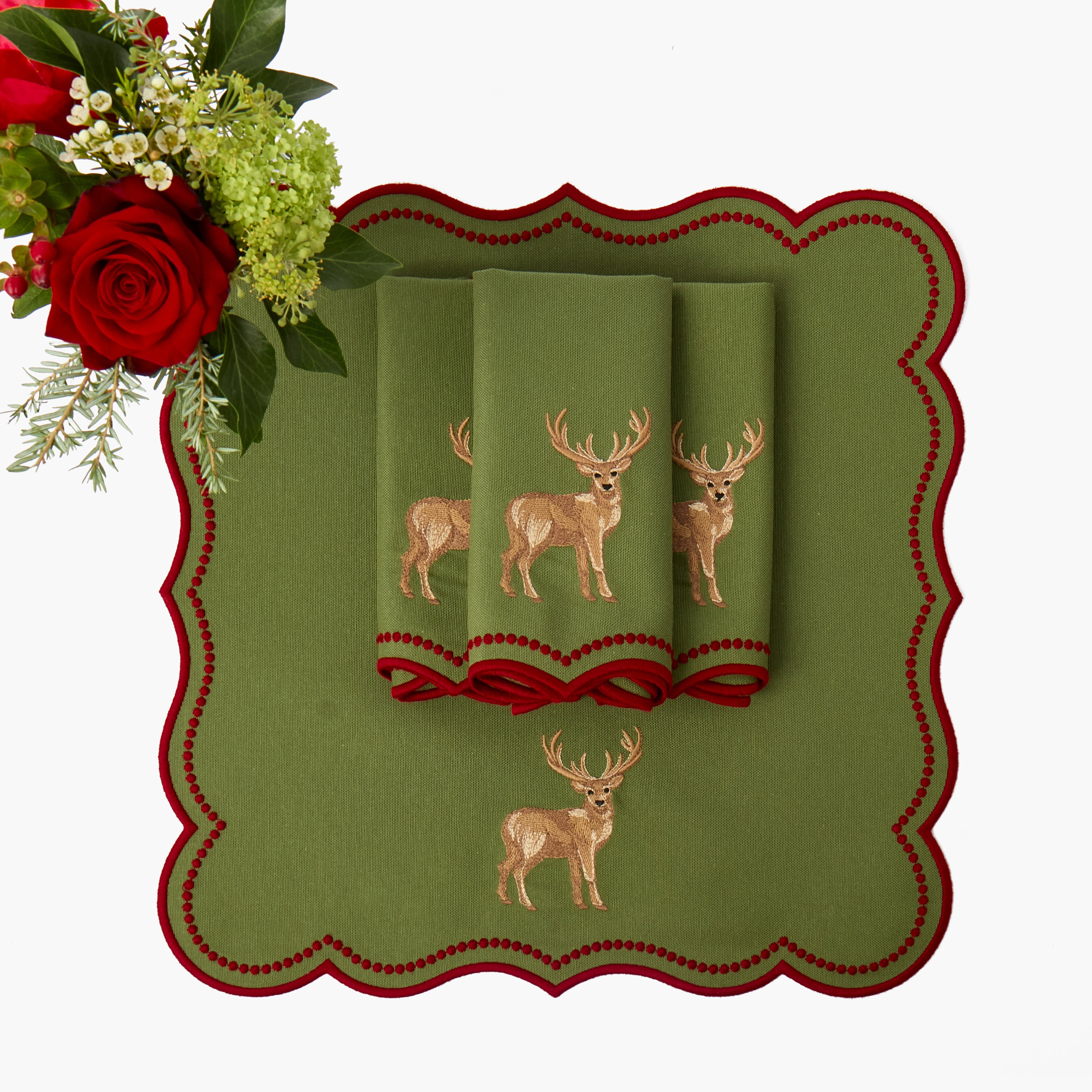 Forest Green & Red Eloise Stag Linen Napkins (Set of 4)