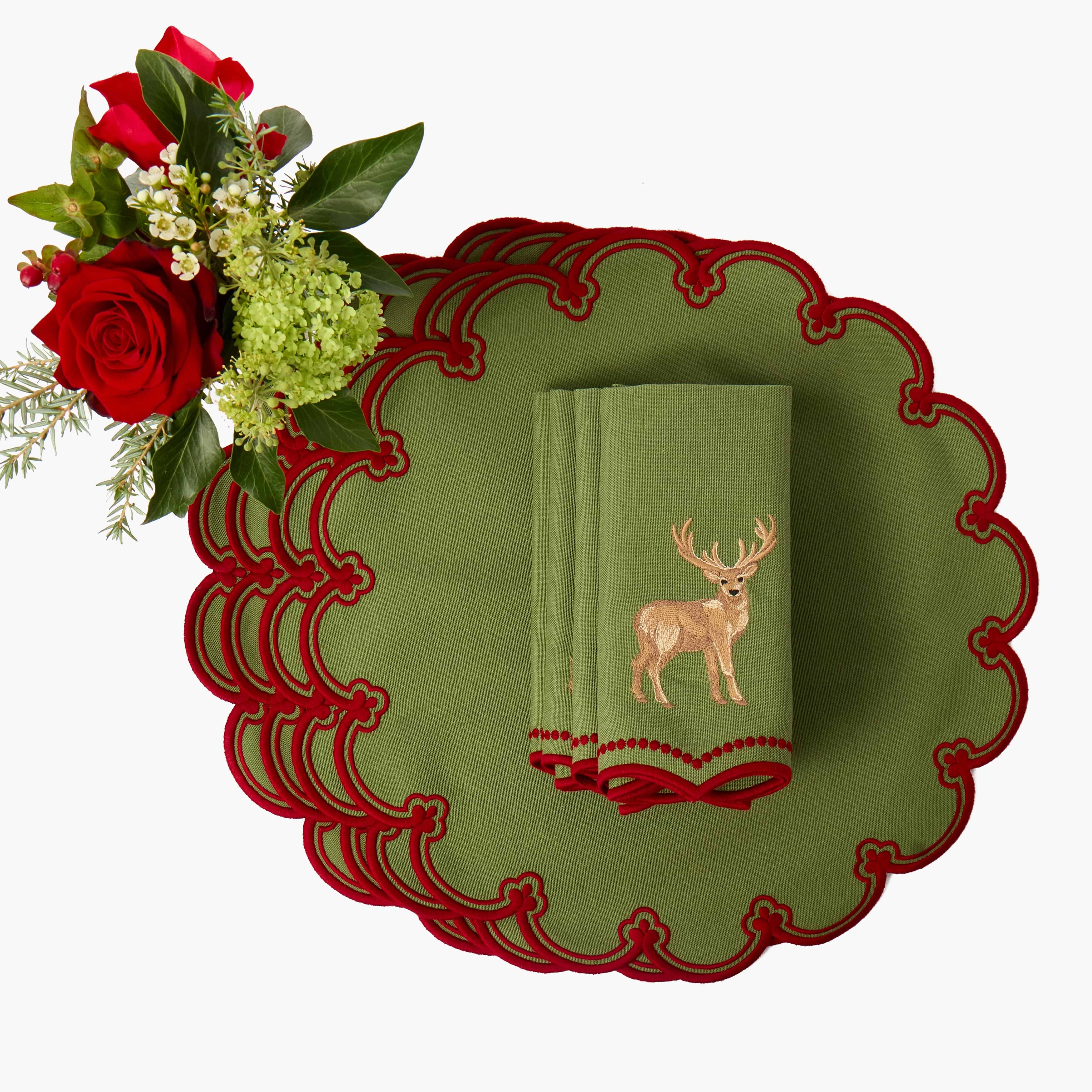 Green & Red Delilah Placemats With Stag Napkins (Set of 4)