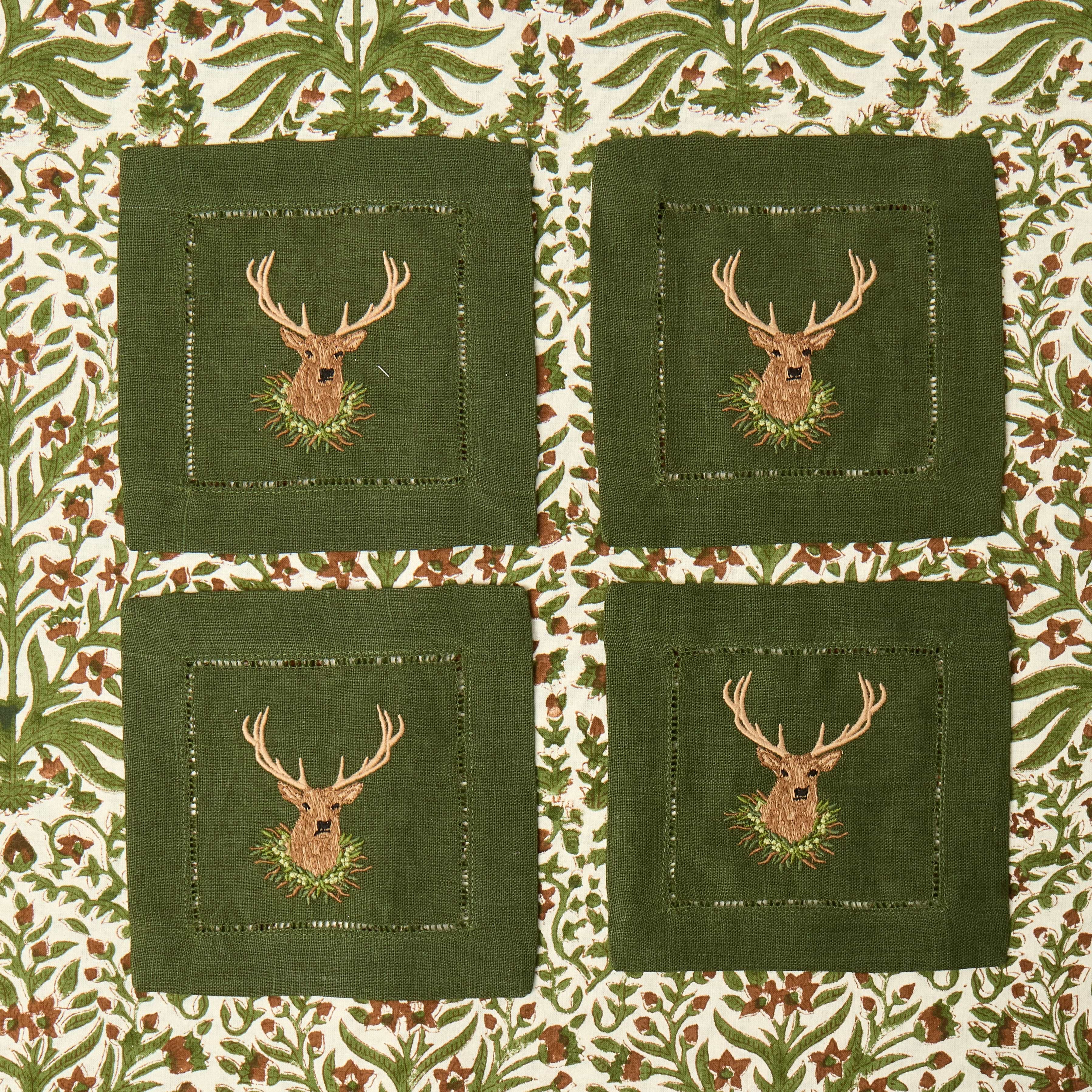 Forest Green Stag Embroidered Linen Cocktail Napkins (Set of 4)