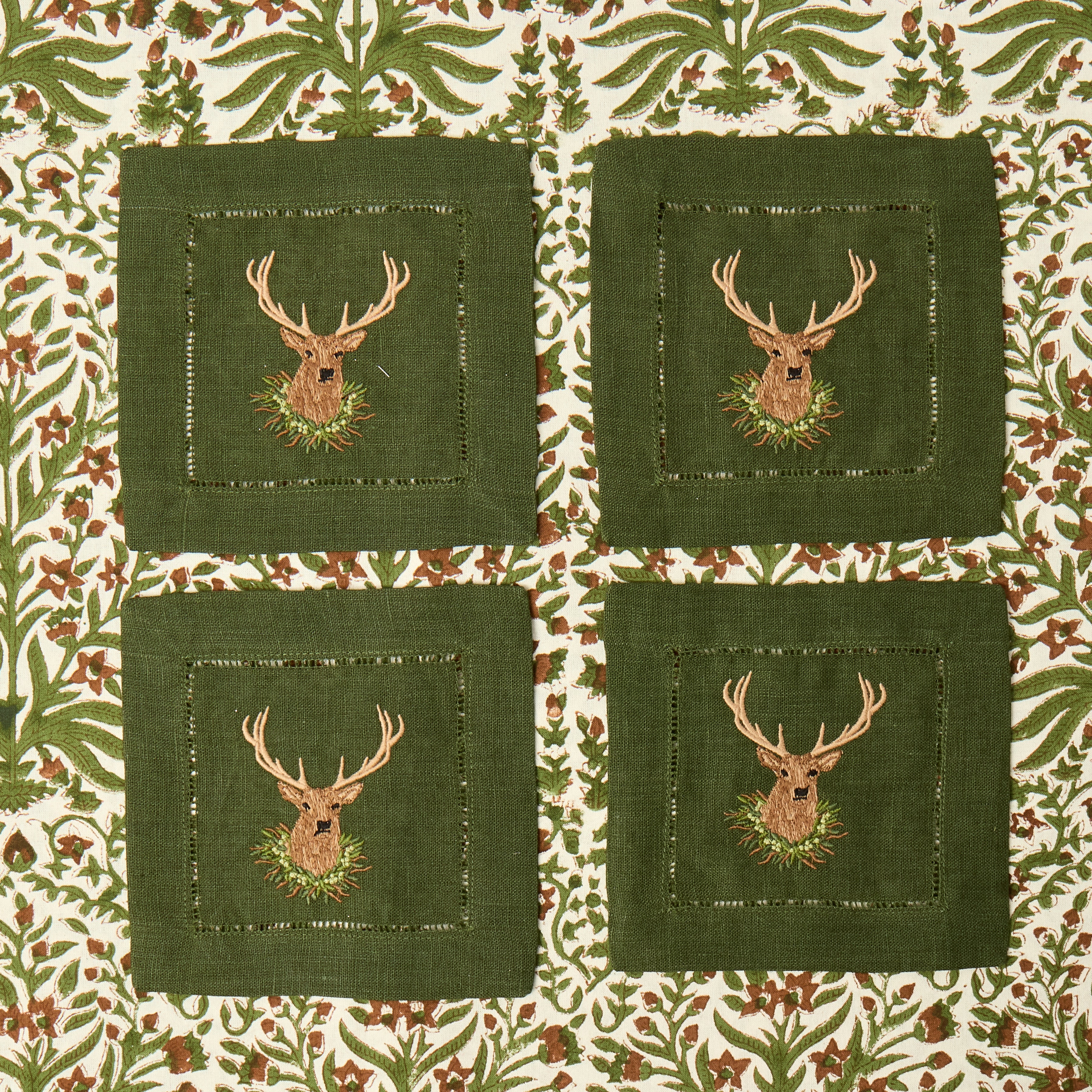 Forest Green Stag Embroidered Linen Cocktail Napkins (Set of 4)