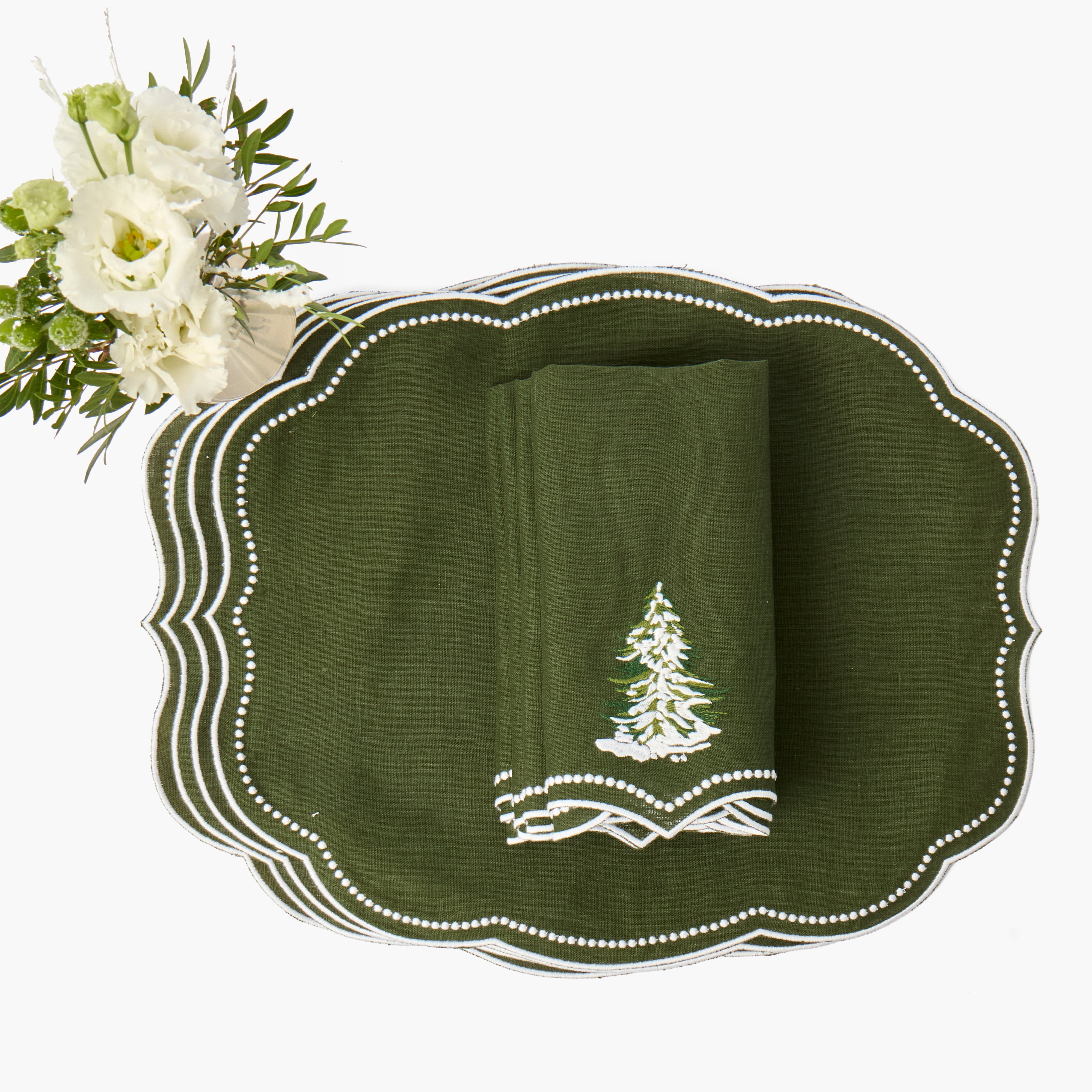 Forest Green Eloise Placemats & Christmas Tree Napkins (Set of 8)