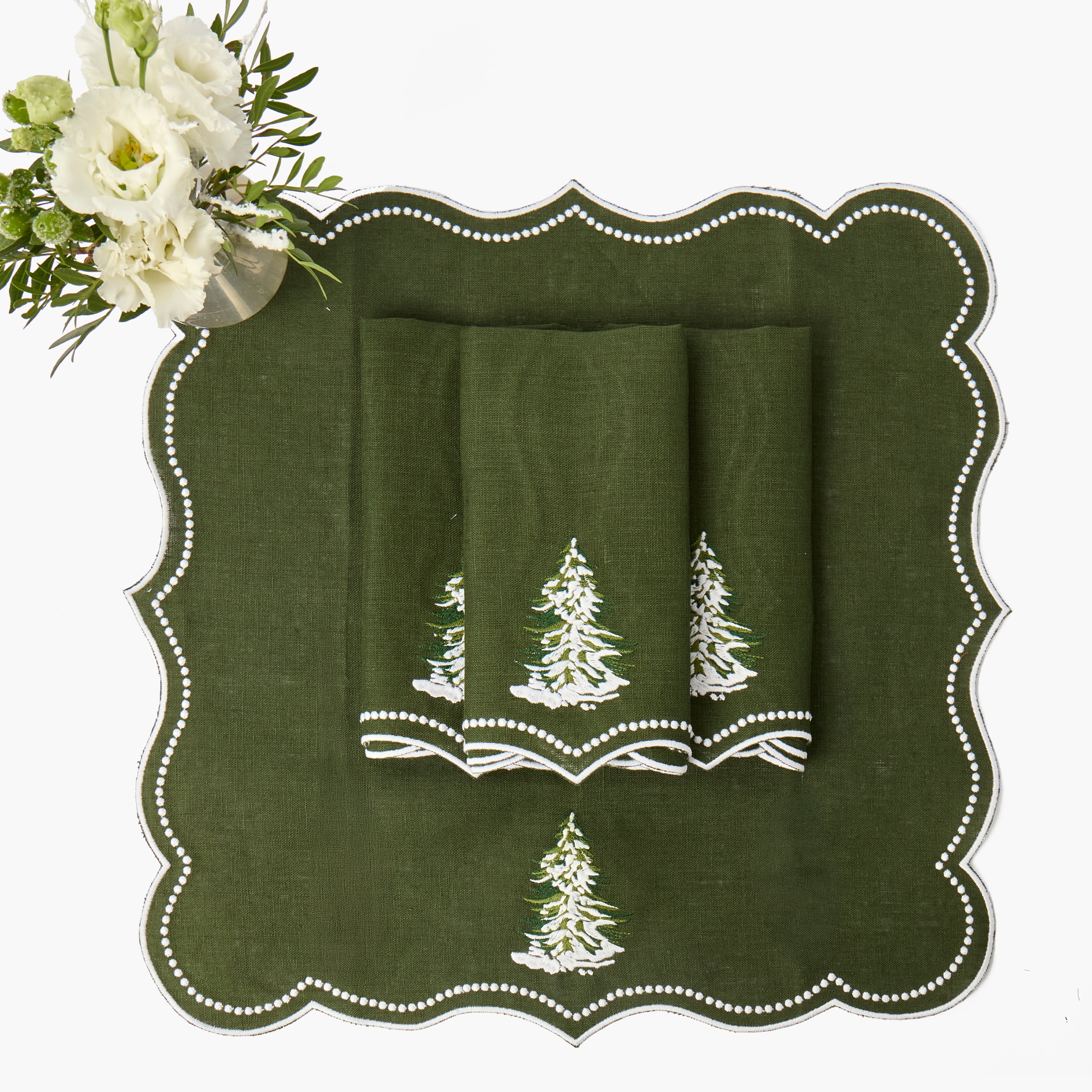 Forest Green Eloise Placemats & Christmas Tree Napkins (Set of 8)